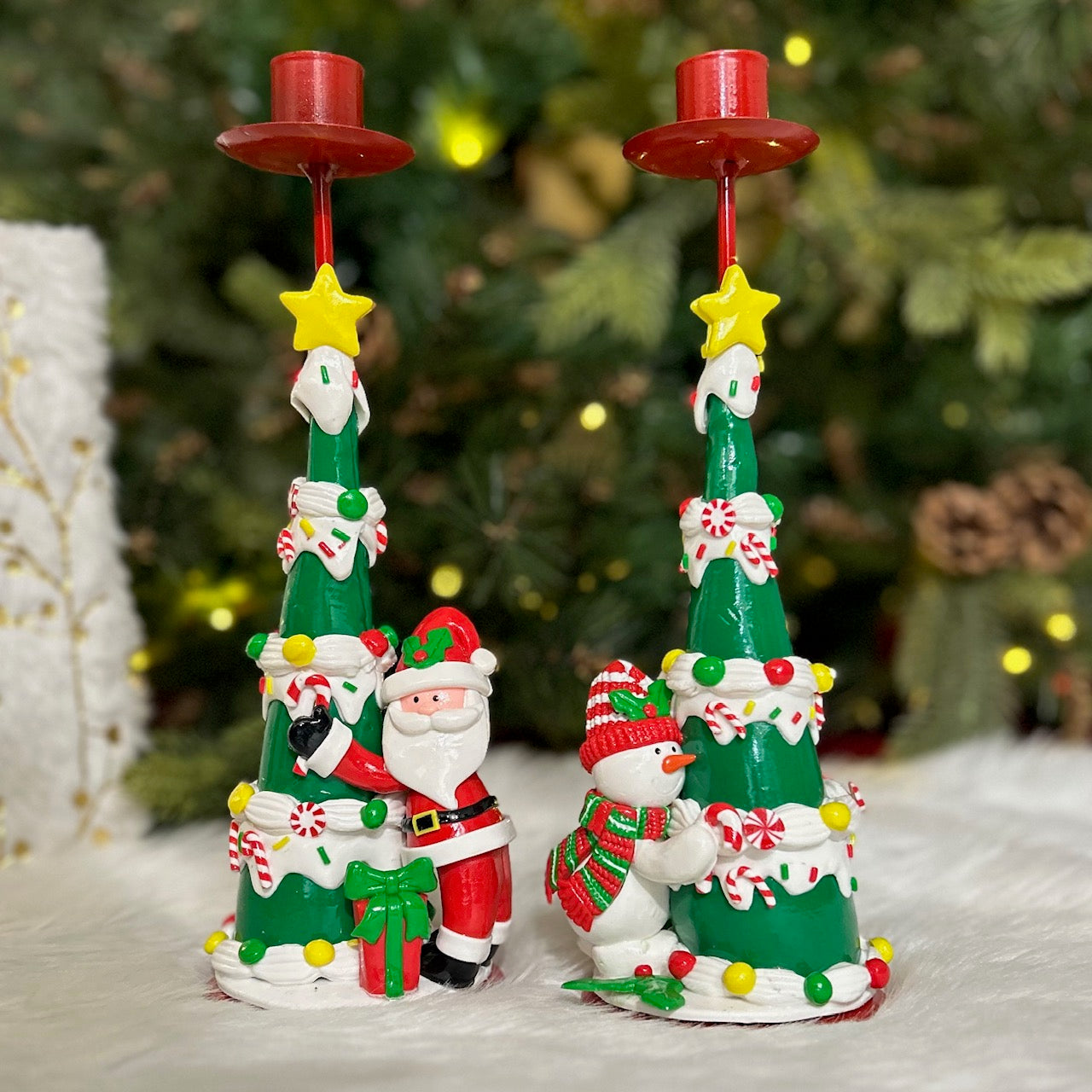 Festive Christmas Tree Candle Stand - Set of 2