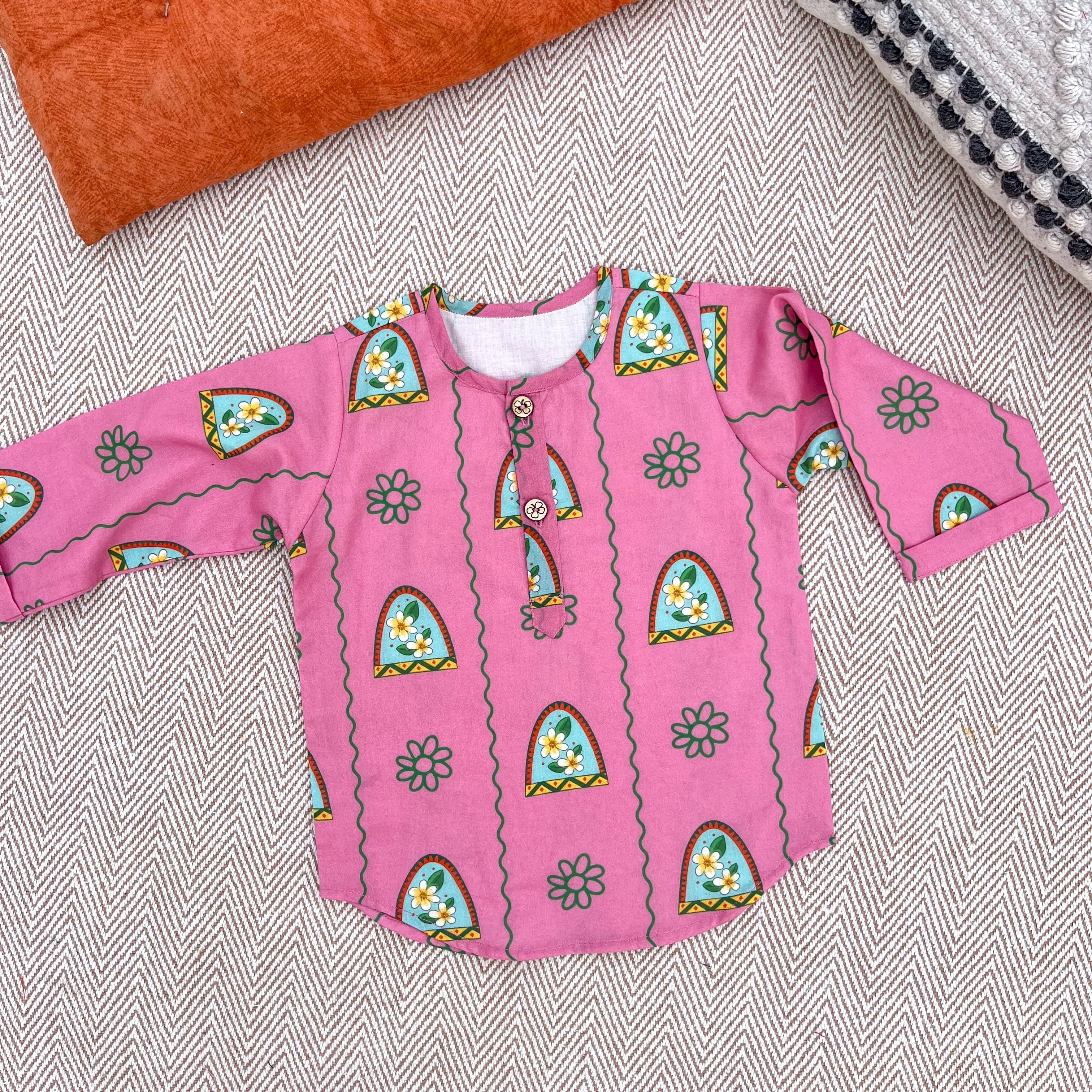 Nani Ghar ka Champa'- Organic Cotton Unisex Pink Floral Kurta Set