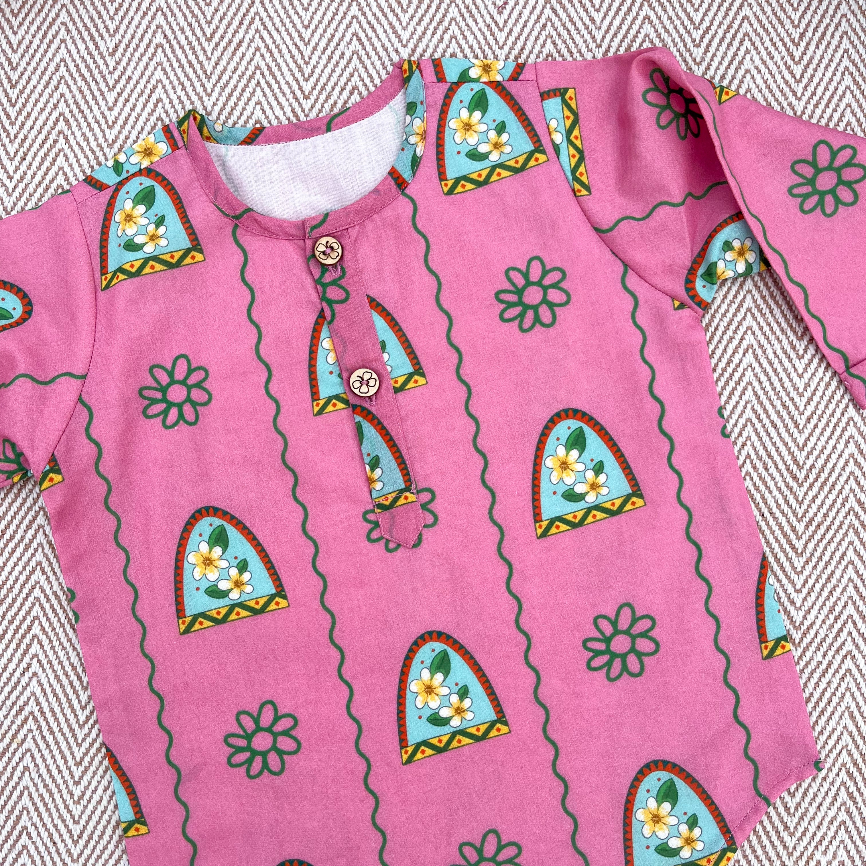 Nani Ghar ka Champa'- Organic Cotton Unisex Pink Floral Kurta Set