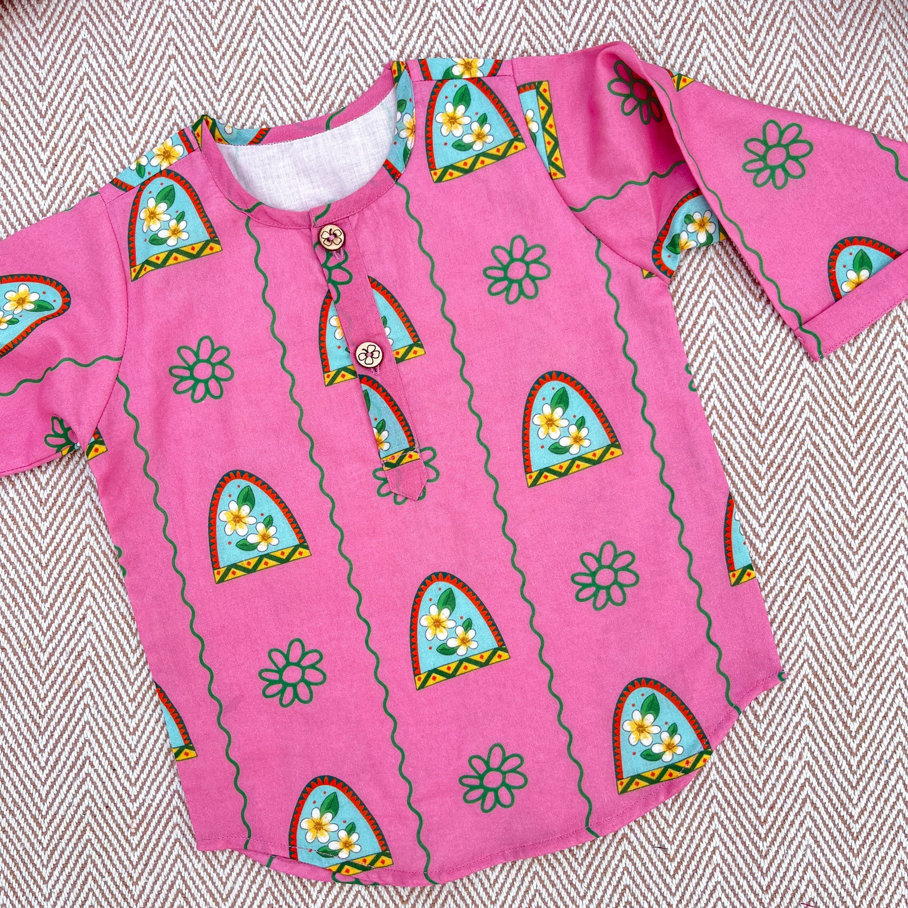 Nani Ghar ka Champa'- Organic Cotton Unisex Pink Floral Kurta Set
