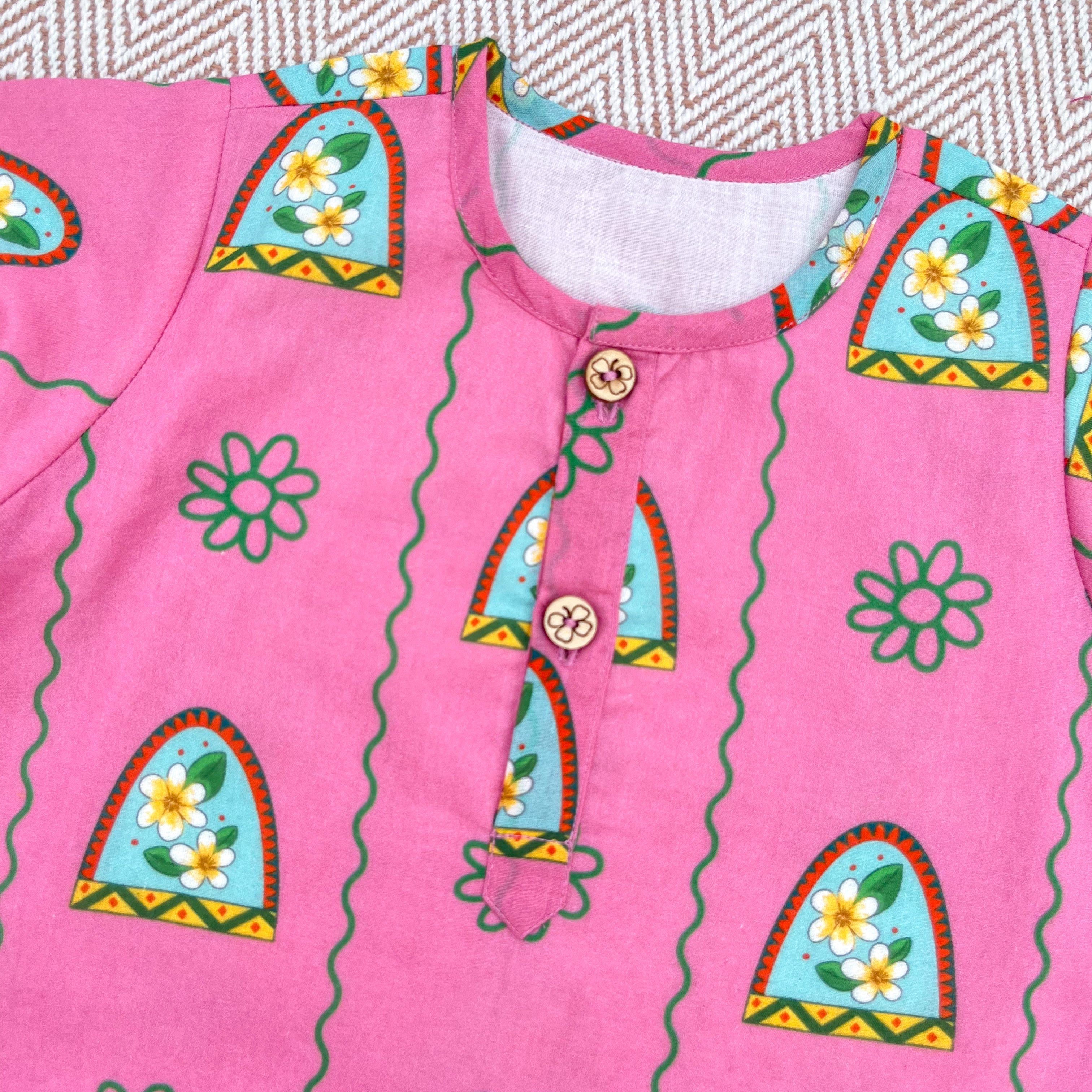 Nani Ghar ka Champa'- Organic Cotton Unisex Pink Floral Kurta Set