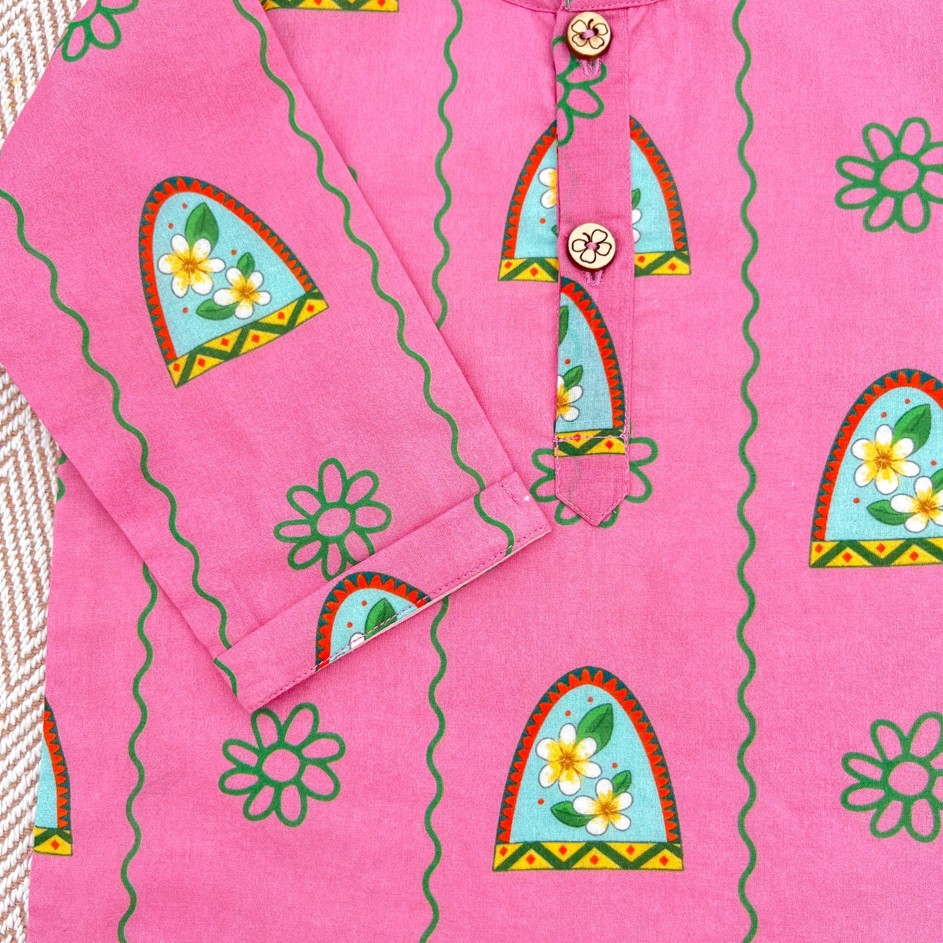 Nani Ghar ka Champa'- Organic Cotton Unisex Pink Floral Kurta Set