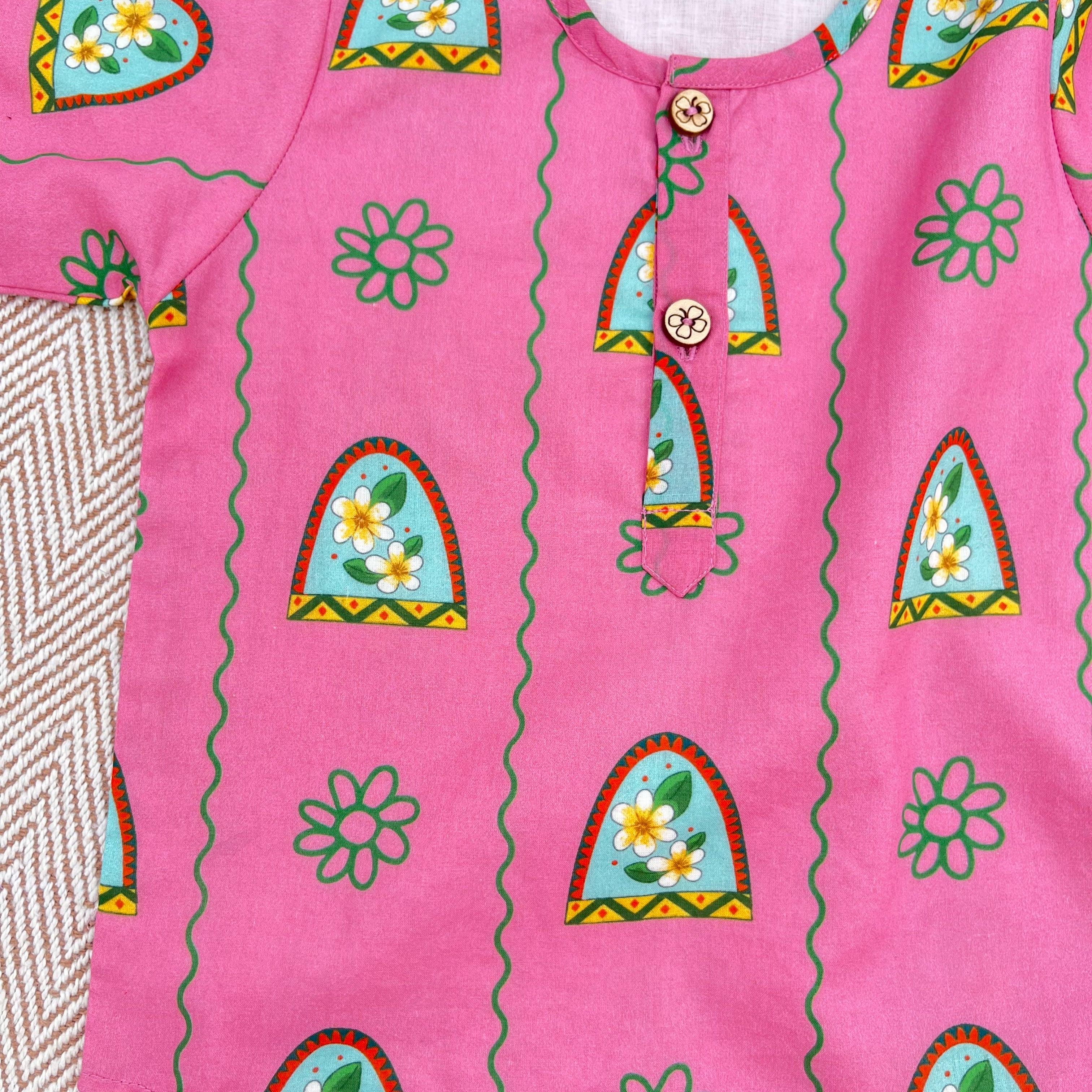 Nani Ghar ka Champa'- Organic Cotton Unisex Pink Floral Kurta Set