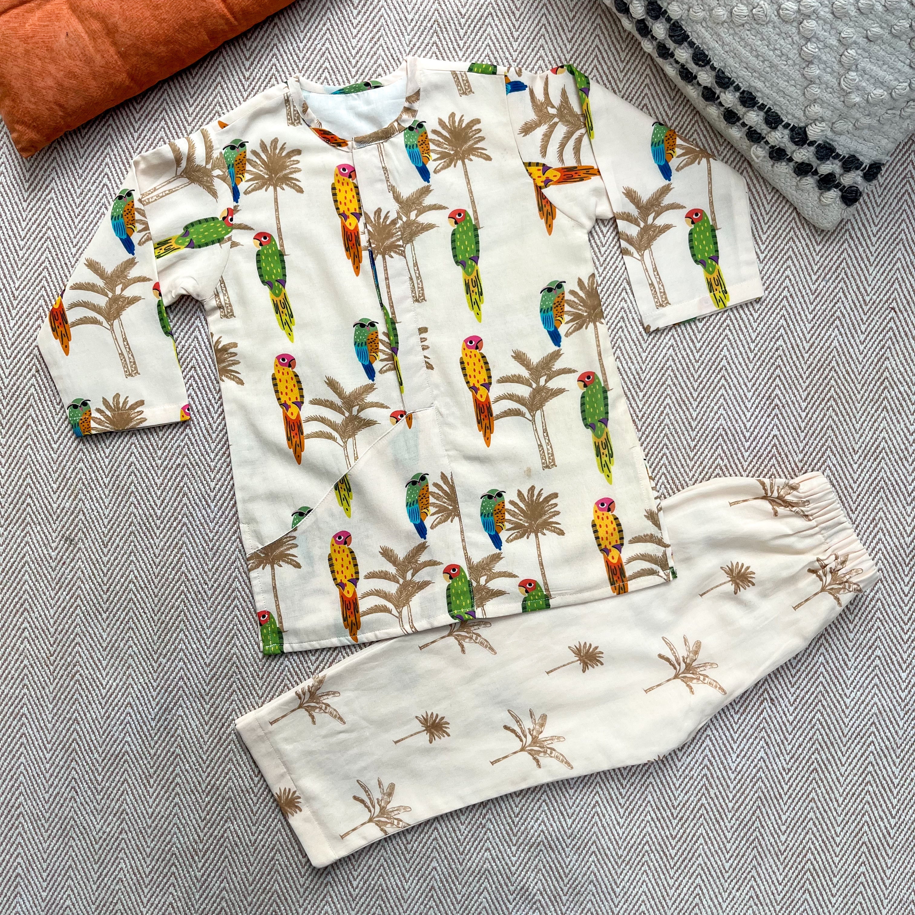 Chanderi 'Parrot Party' Kurta Set for Boys