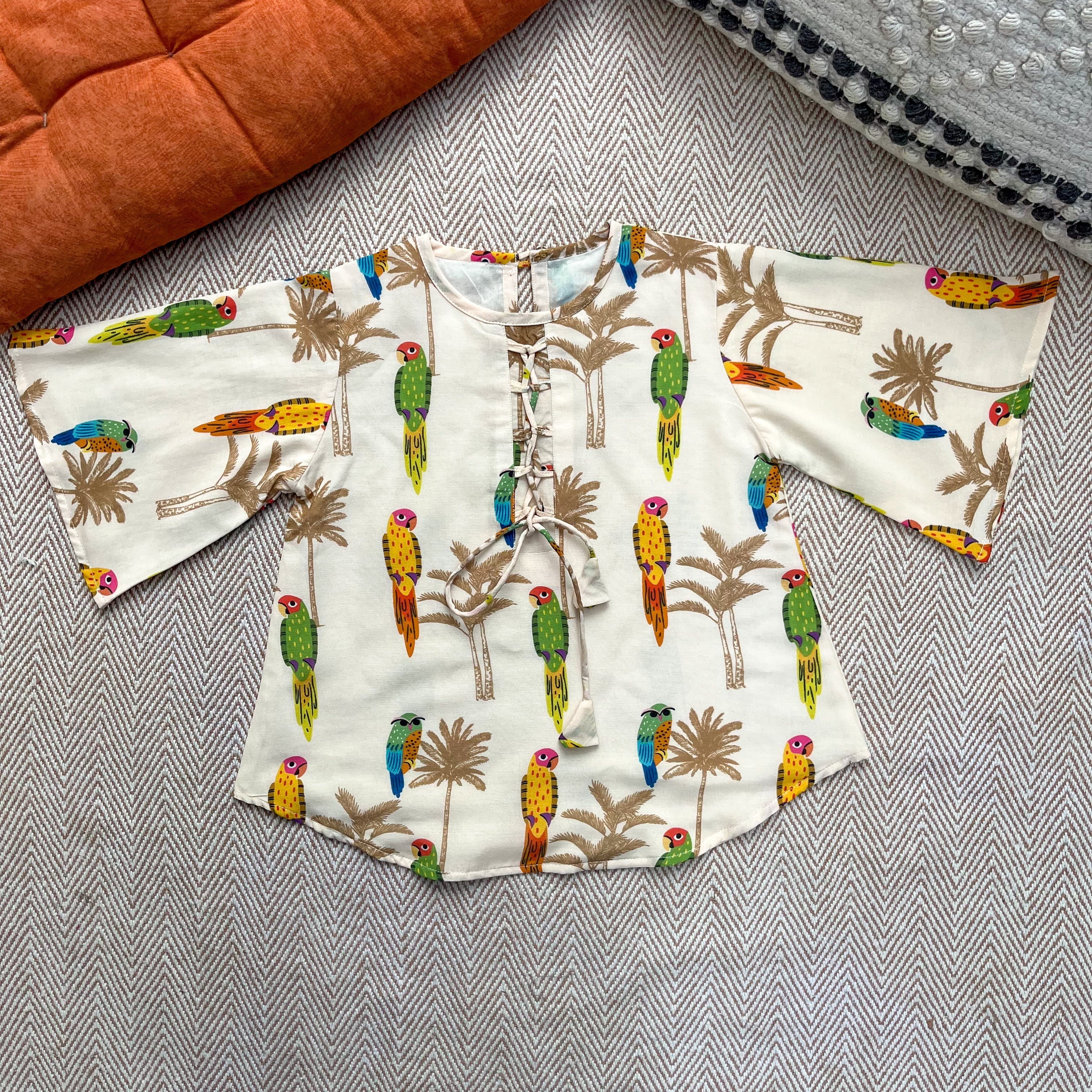 Chanderi 'Parrot Party' Kurta Set for Girls