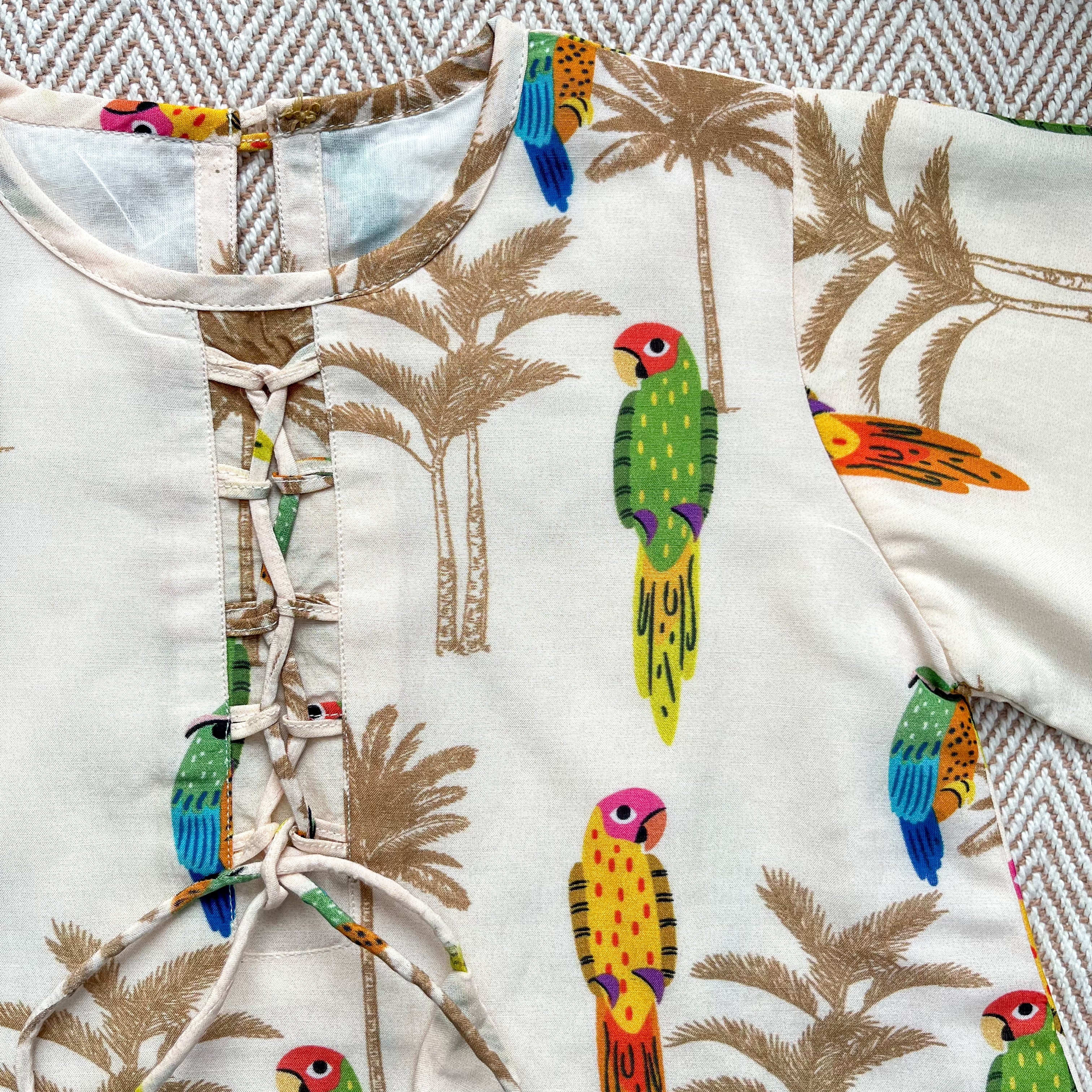 Chanderi 'Parrot Party' Kurta Set for Girls