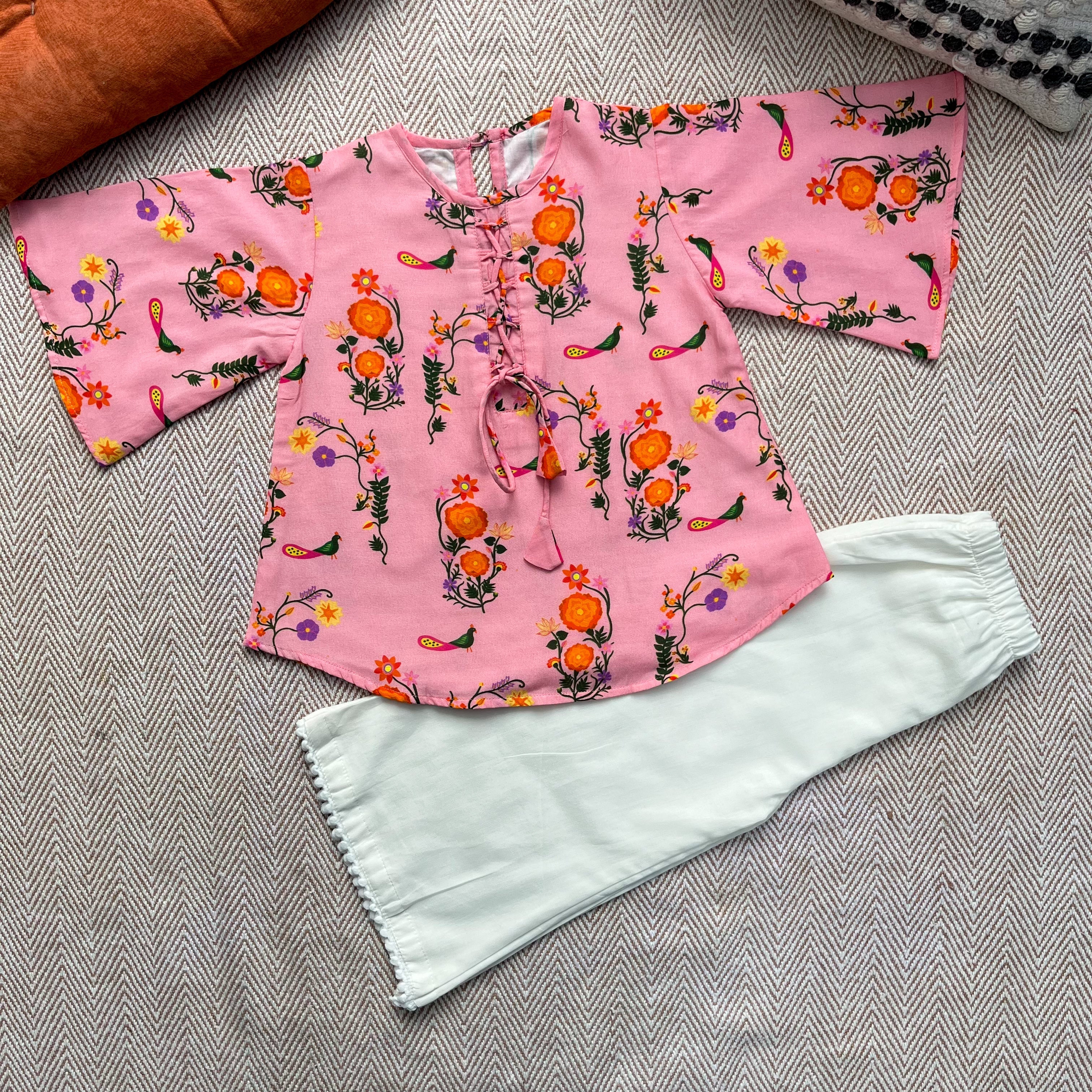 Chanderi 'The Pink City's Peacock' Kurta Set for Girls