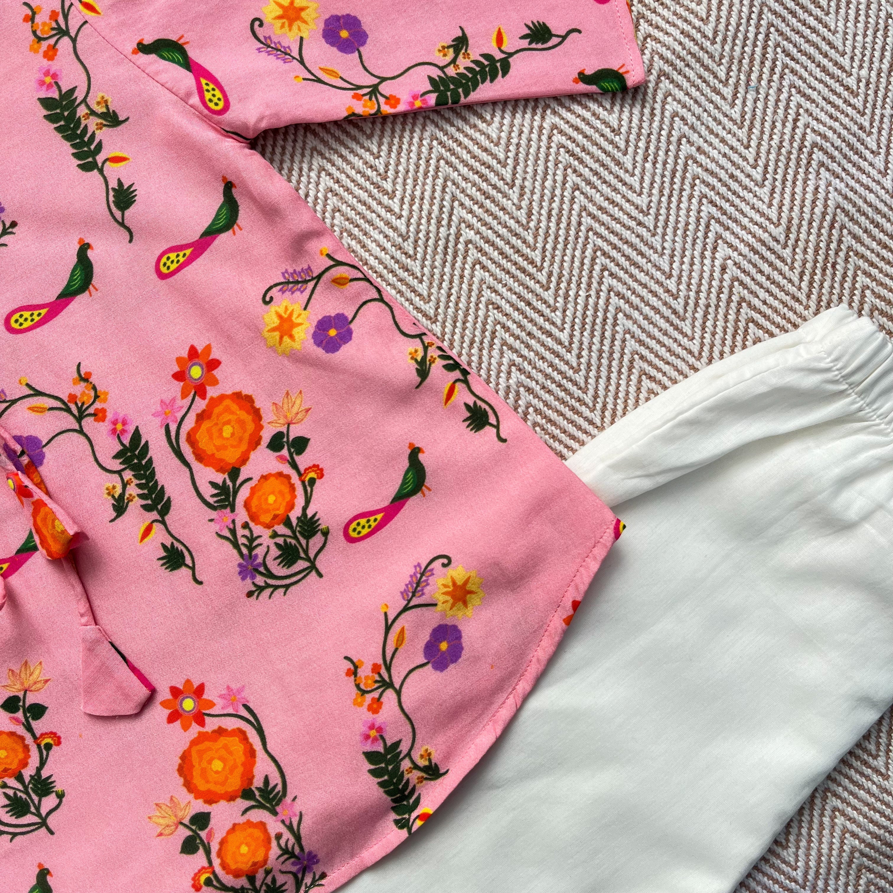 Chanderi 'The Pink City's Peacock' Kurta Set for Girls