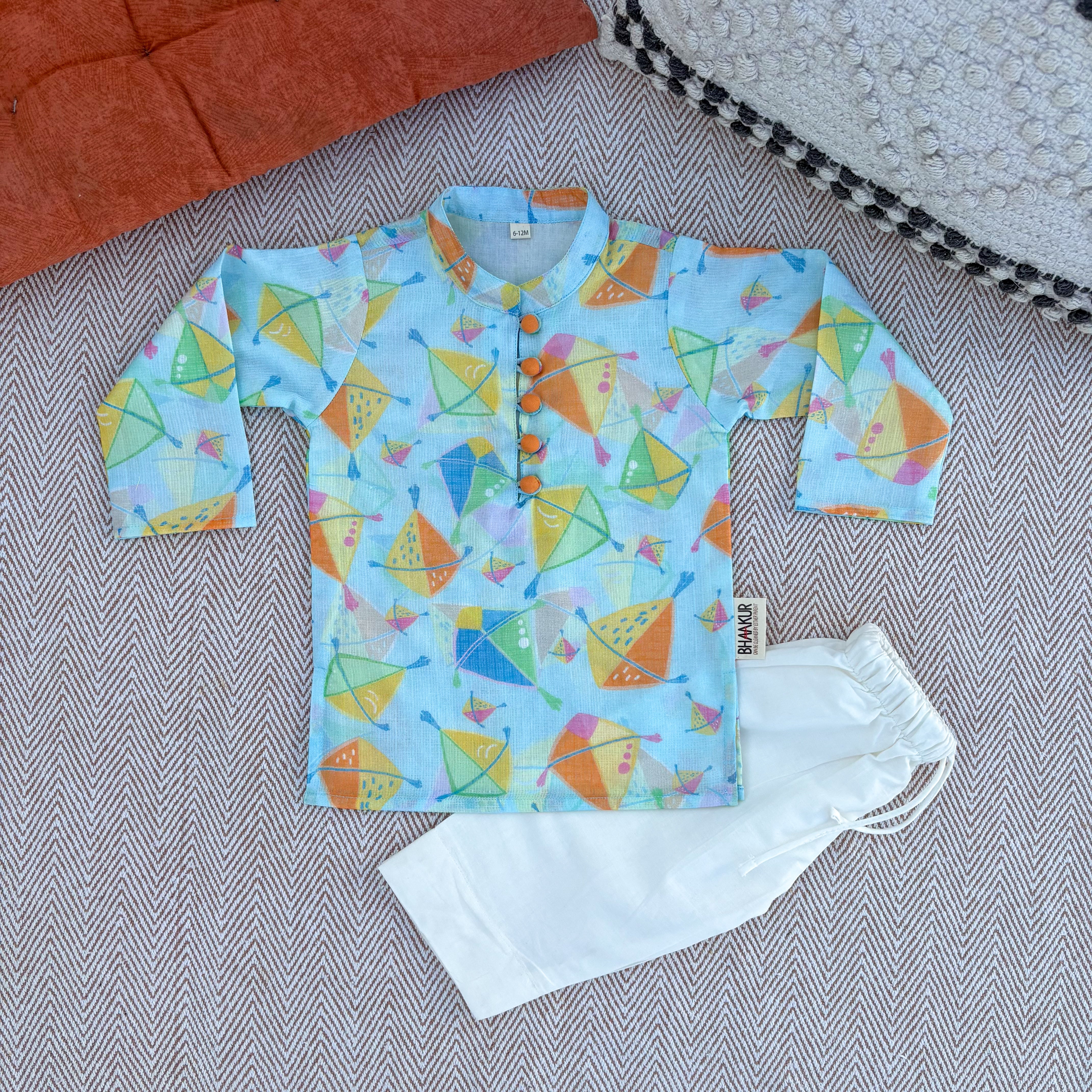 Sankranti special kota doriya with organic cotton voile lining, kites print kurta set for infants, toddlers and kids