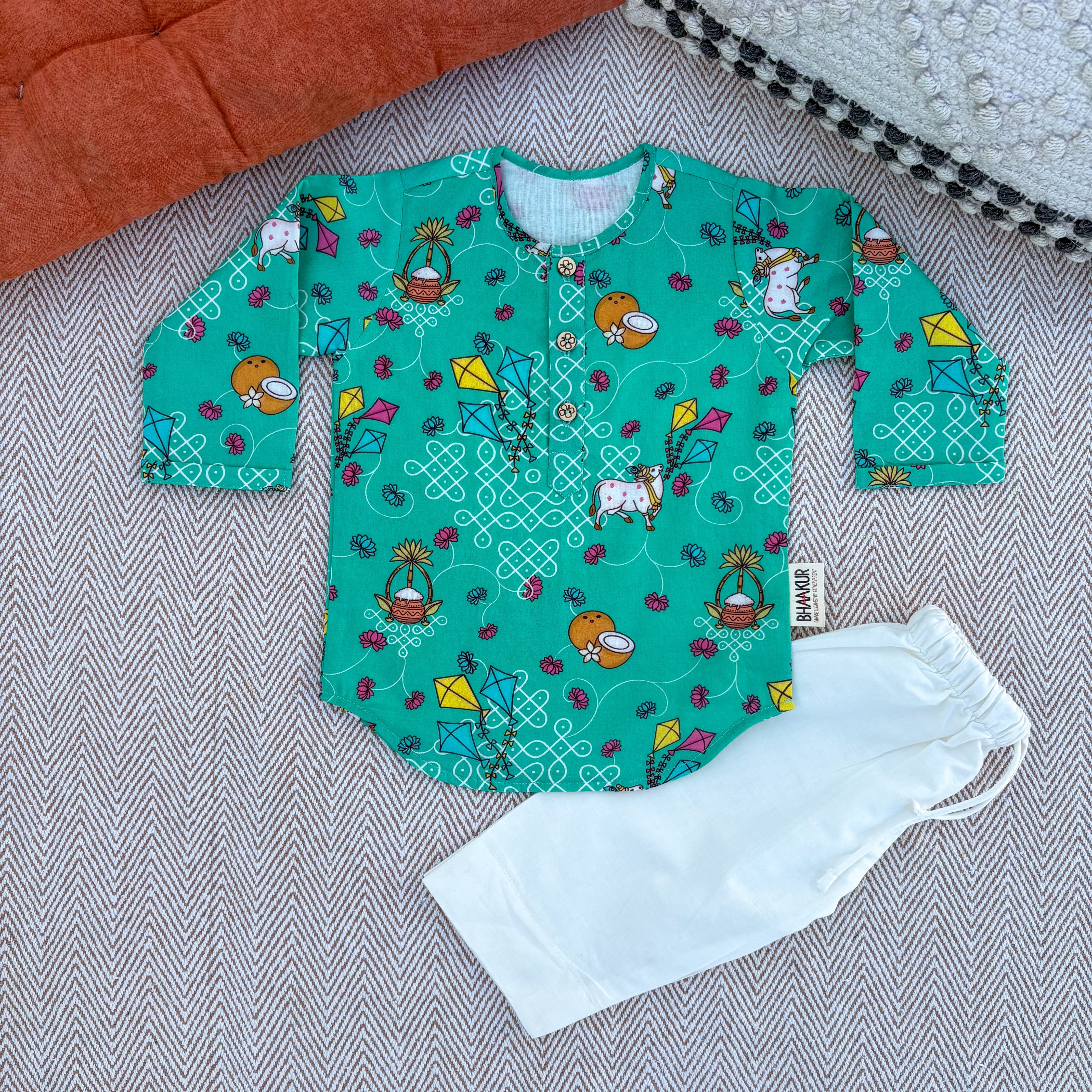Pongal special organic cotton 'Pongalo Pongal' Unisex kurta set for infants, toddlers and kids.