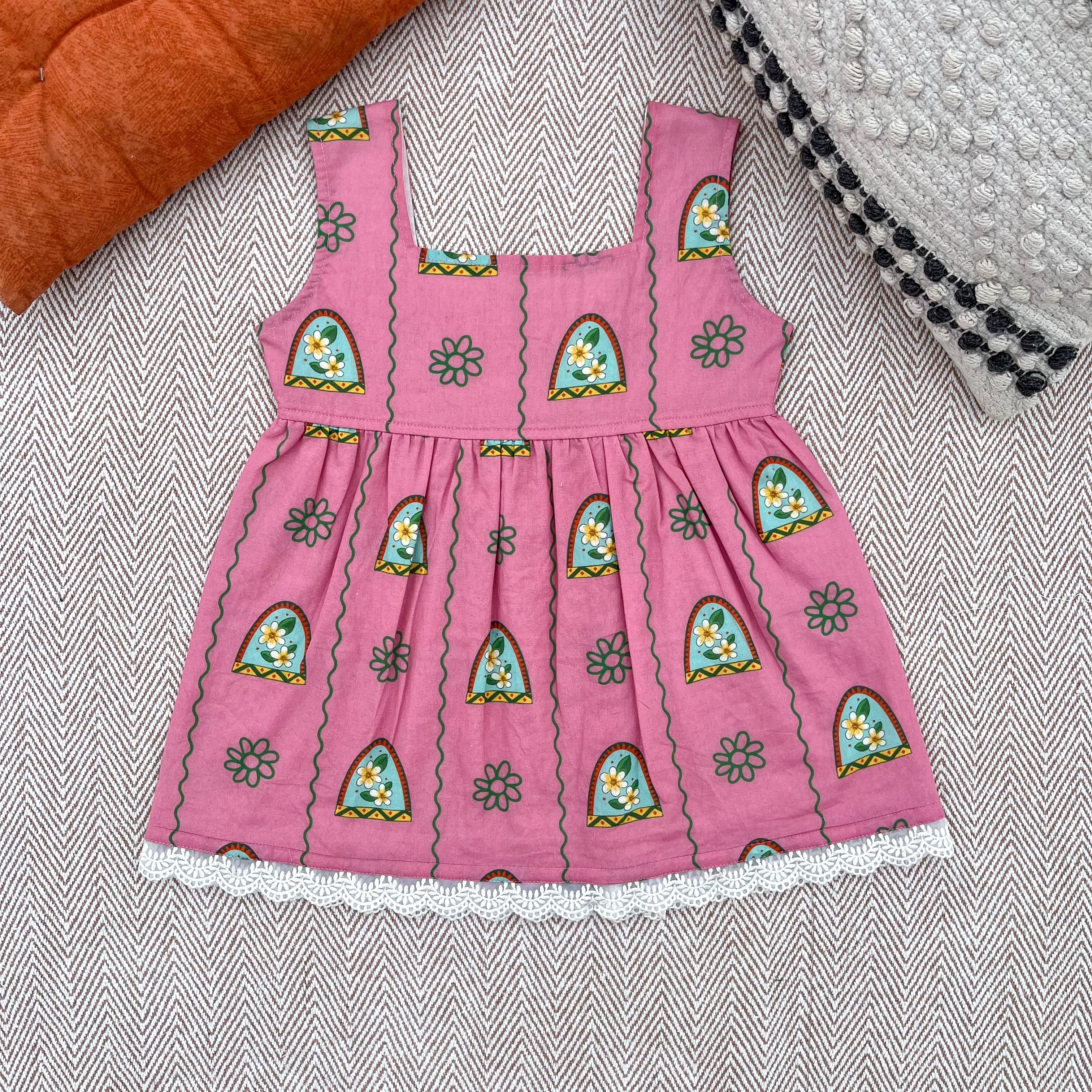 Organic cotton pink floral print frock for infants, toddlers and kids-perfect for festive occasions