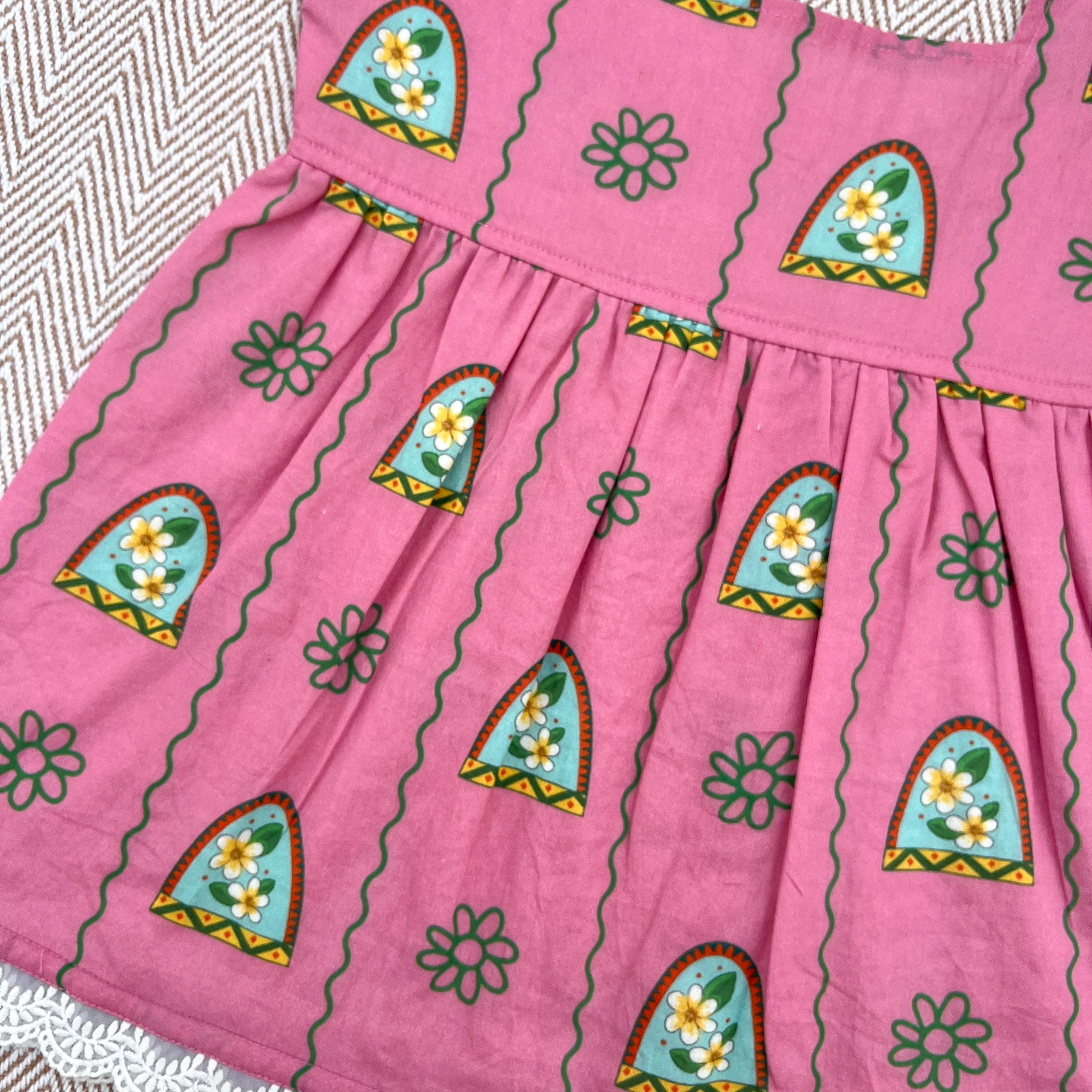 Organic cotton pink floral print frock for infants, toddlers and kids-perfect for festive occasions