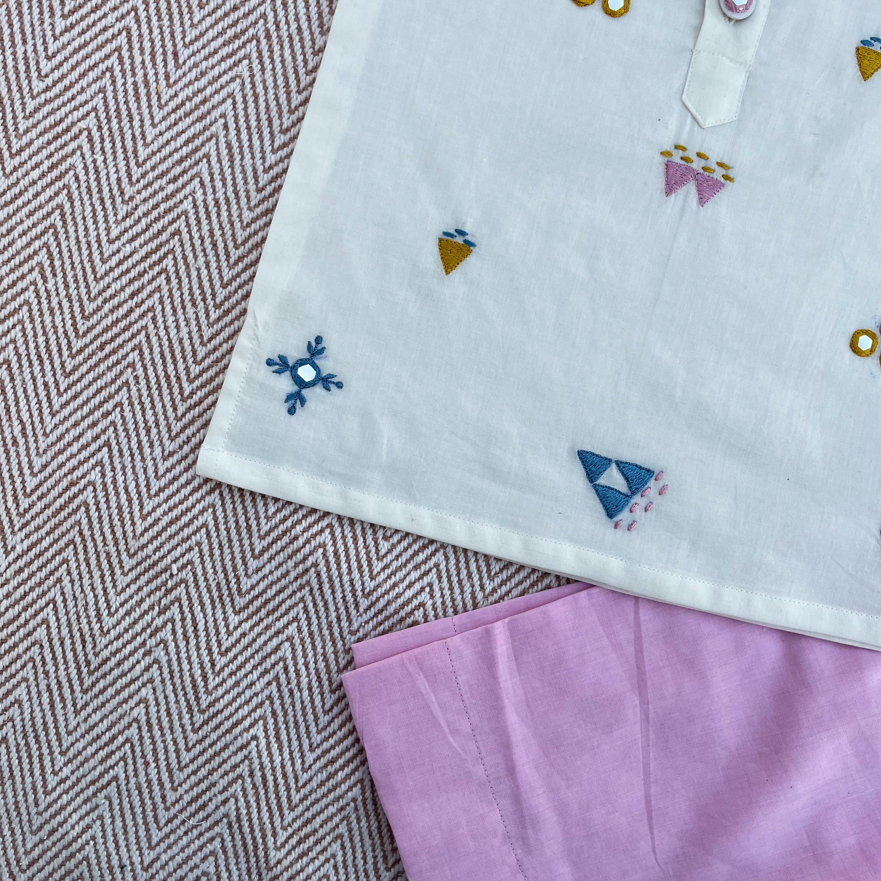 Organic cotton mirror work embroidered kurta set by Bhaakur- perfect festive wear for infants, toddlers and kids.