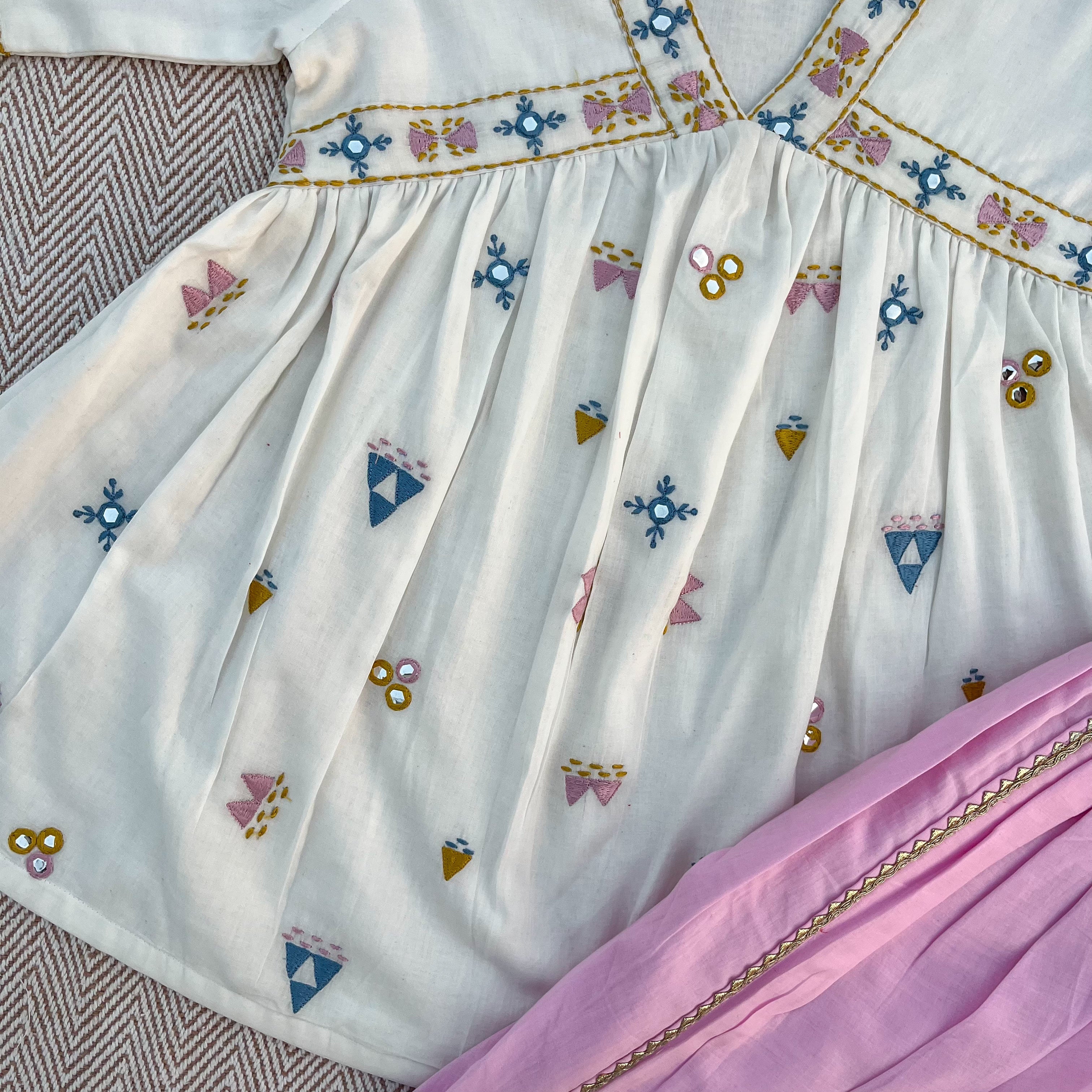 Organic cotton mirror work embroidered kurta set with dupatta by Bhaakur- perfect festive wear for infants, toddlers and kids.
