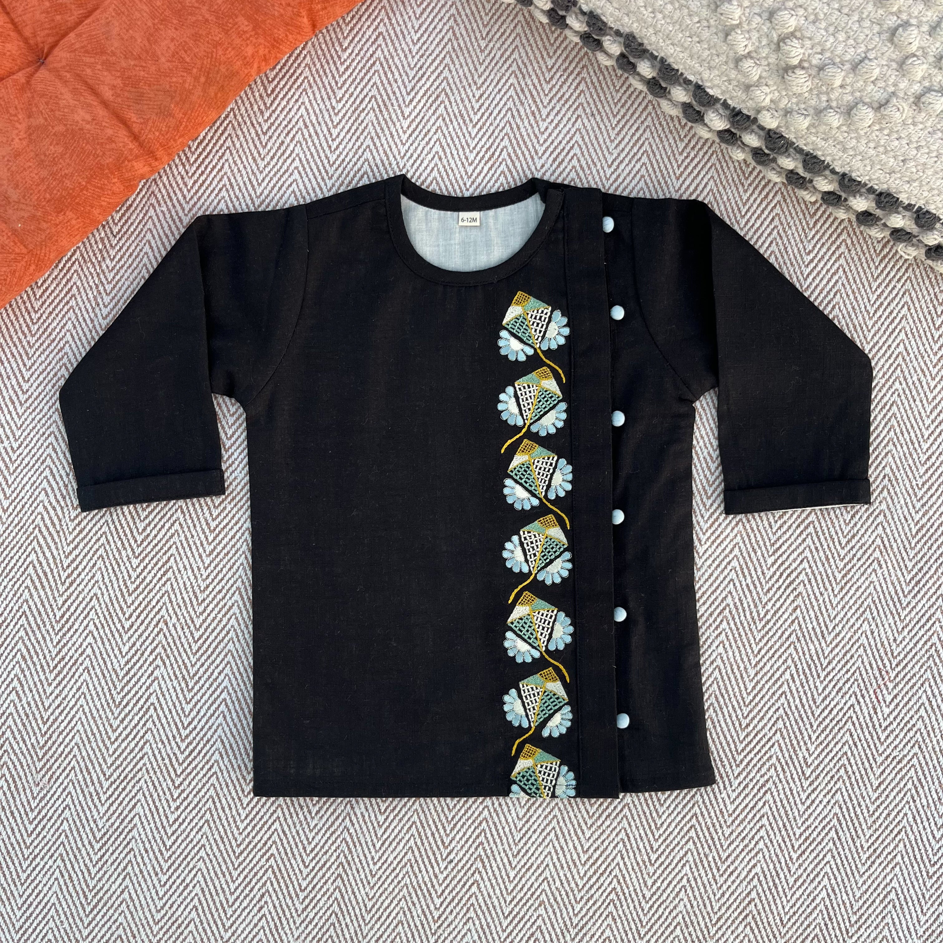 Sankranti special cotton slub black kites-embroidered kurta for infants, toddlers and kids.