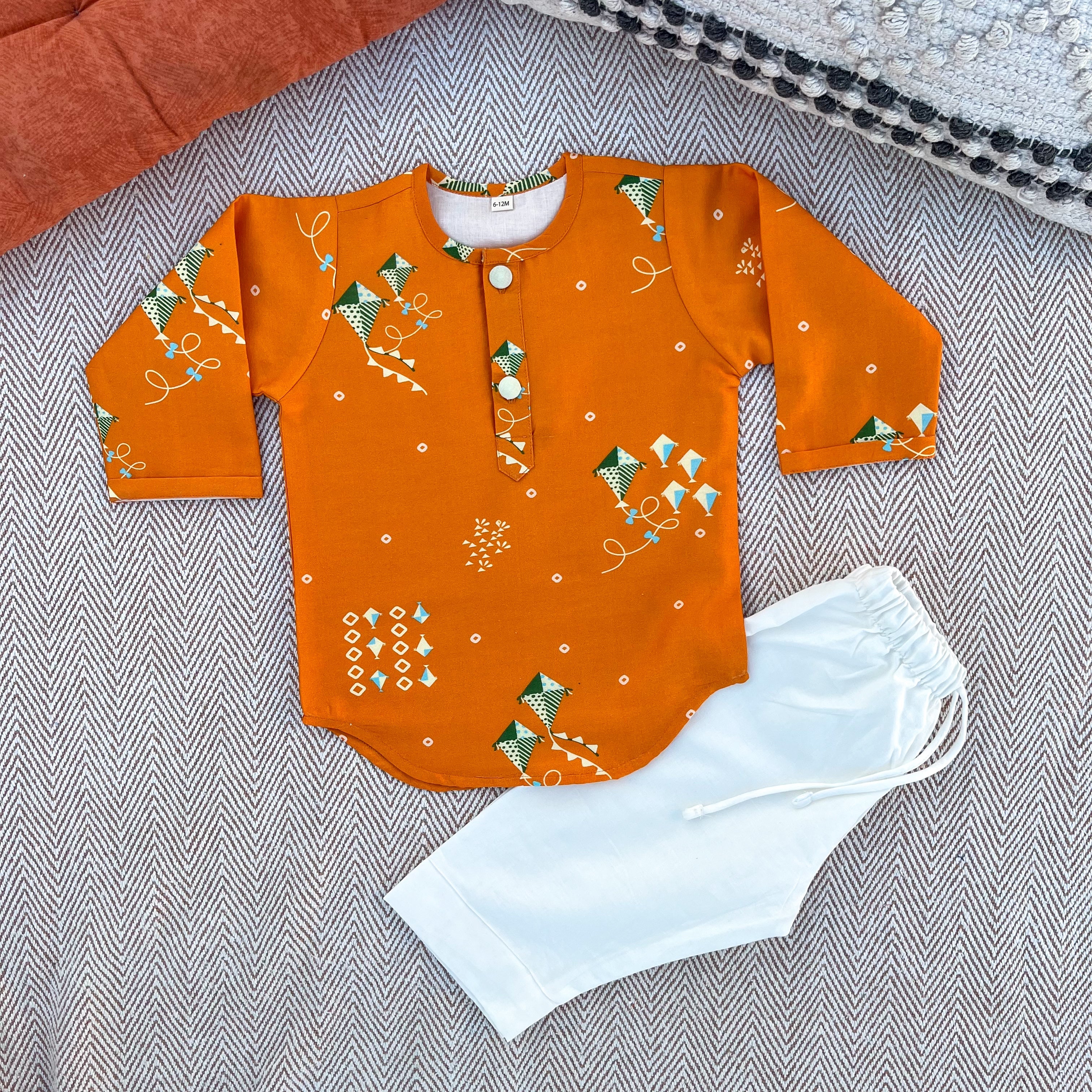 Sankranti special chanderi with organic cotton voile lining, kites print kurta set for infants, toddlers and kids