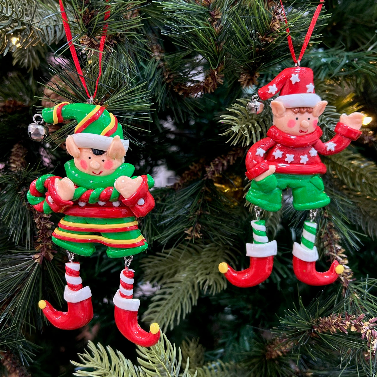 Elves With Dangling Legs Ornament - Set of 2