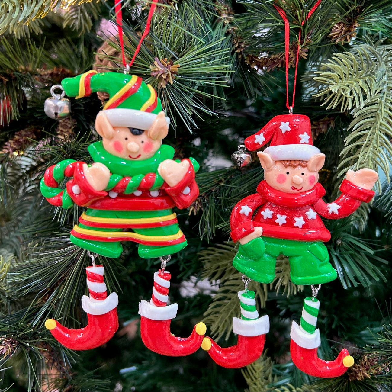 Elves With Dangling Legs Ornament - Set of 2