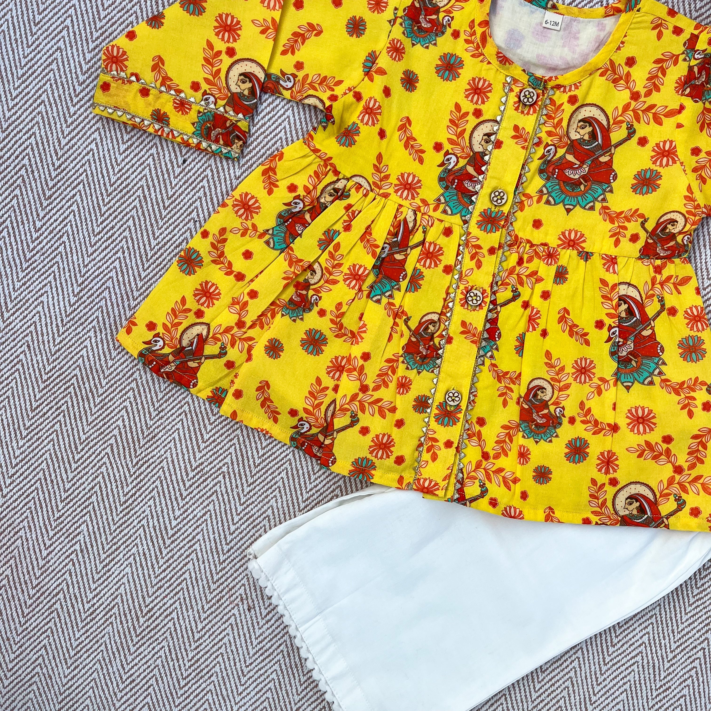 Madhubani print organic cotton 'Vidhya Dehi Saraswati' kurta set for infants, toddlers and kids.