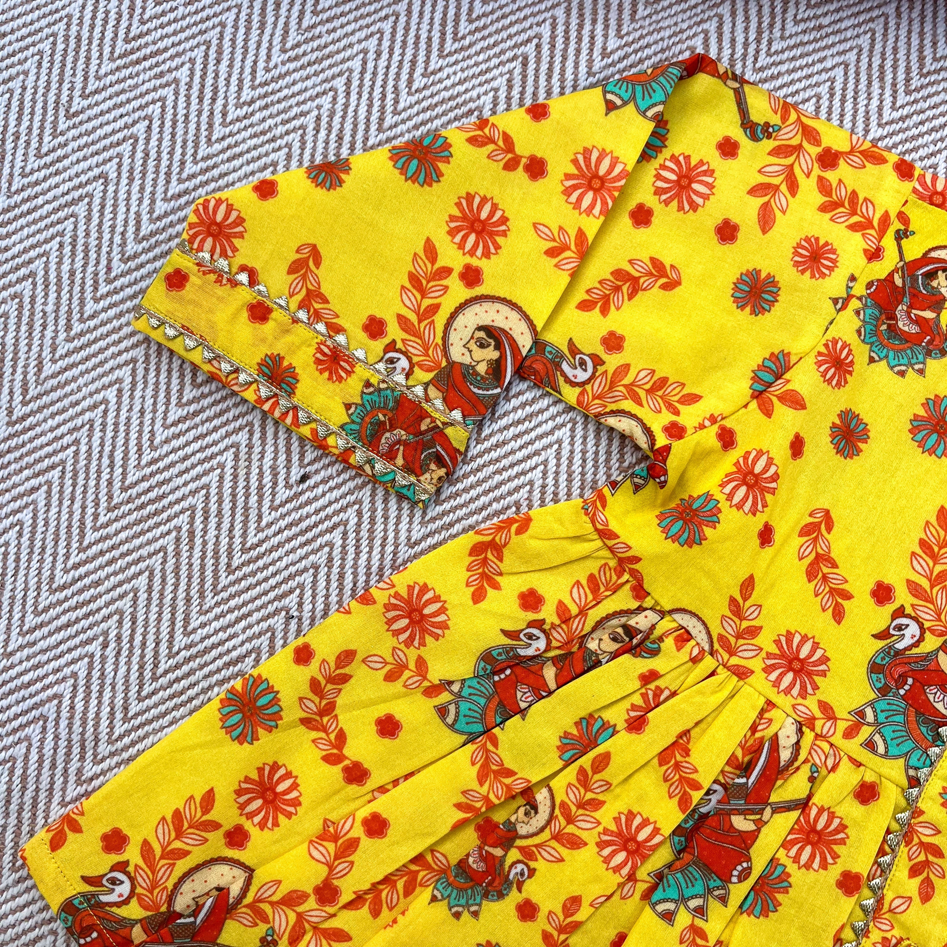 Madhubani print organic cotton 'Vidhya Dehi Saraswati' kurta for infants, toddlers and kids.