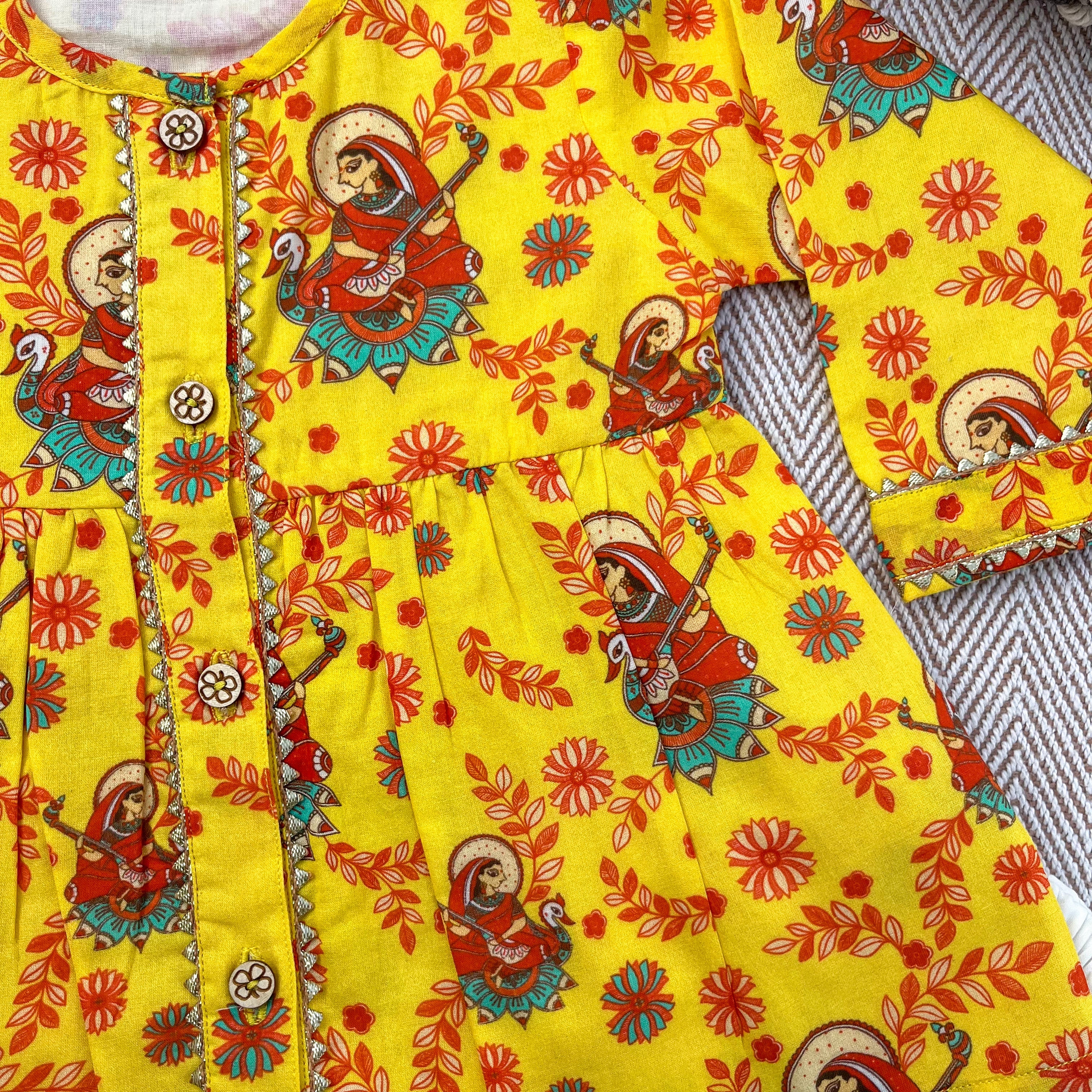 Madhubani print organic cotton 'Vidhya Dehi Saraswati' kurta for infants, toddlers and kids.
