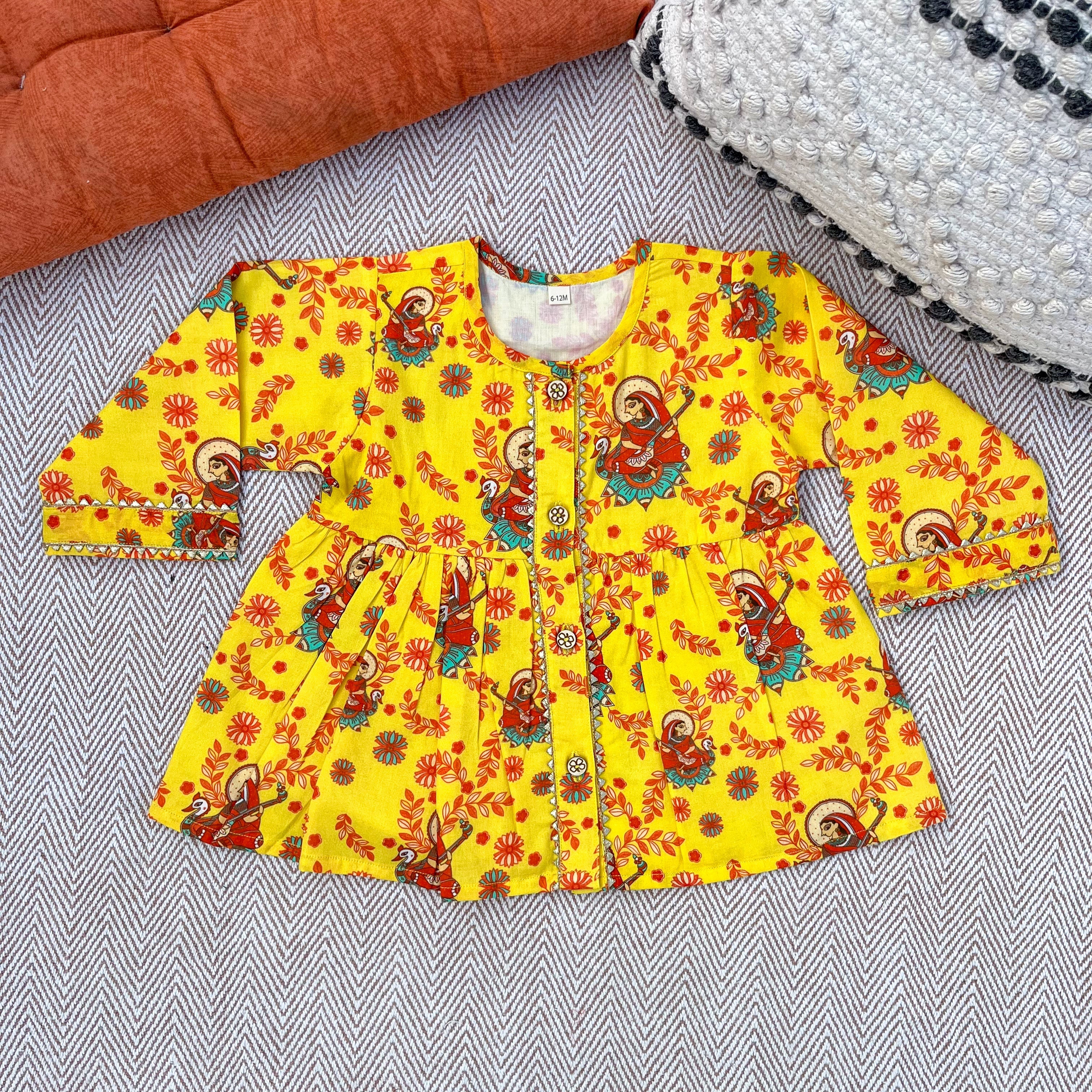 Madhubani print organic cotton 'Vidhya Dehi Saraswati' kurta for infants, toddlers and kids.