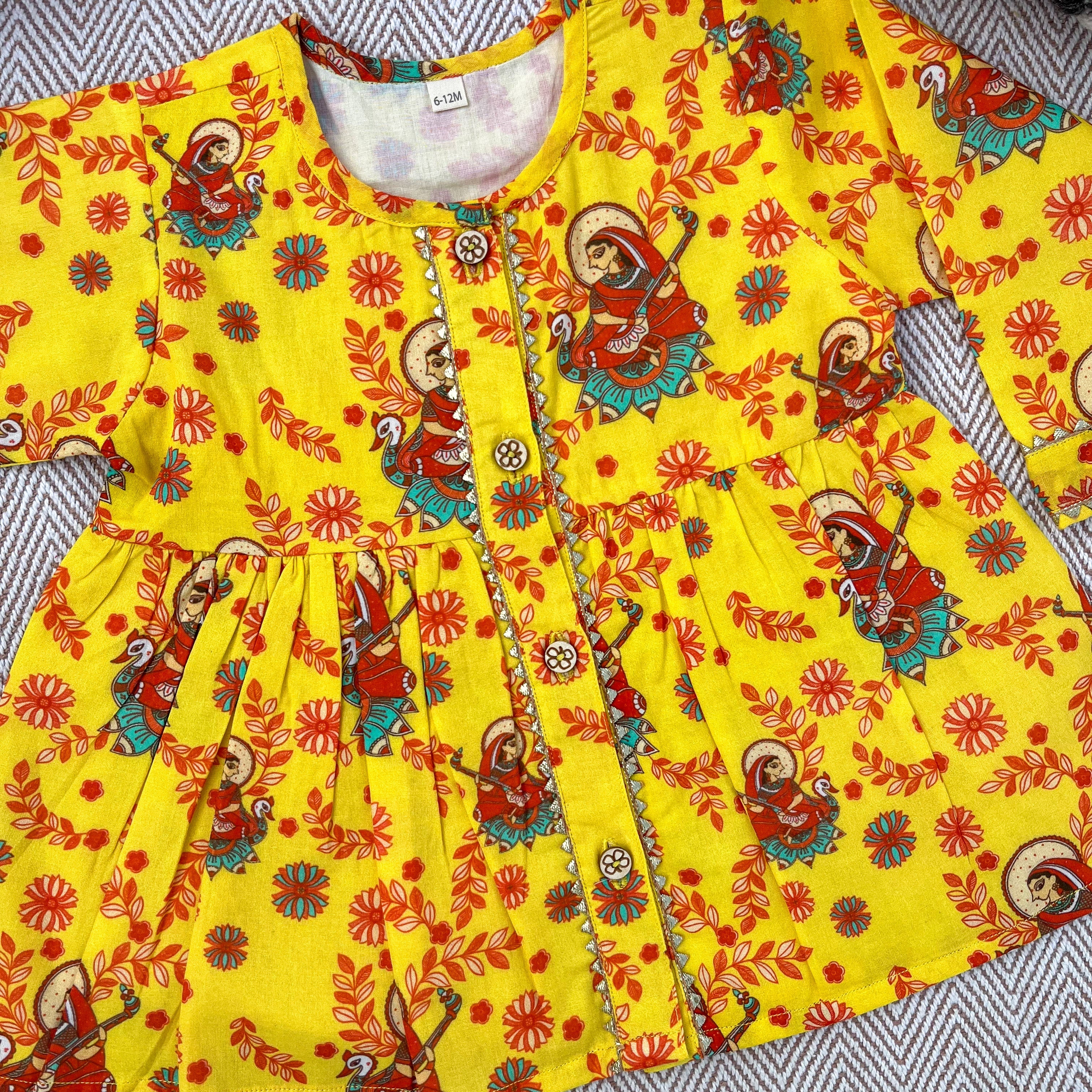 Madhubani print organic cotton 'Vidhya Dehi Saraswati' kurta for infants, toddlers and kids.