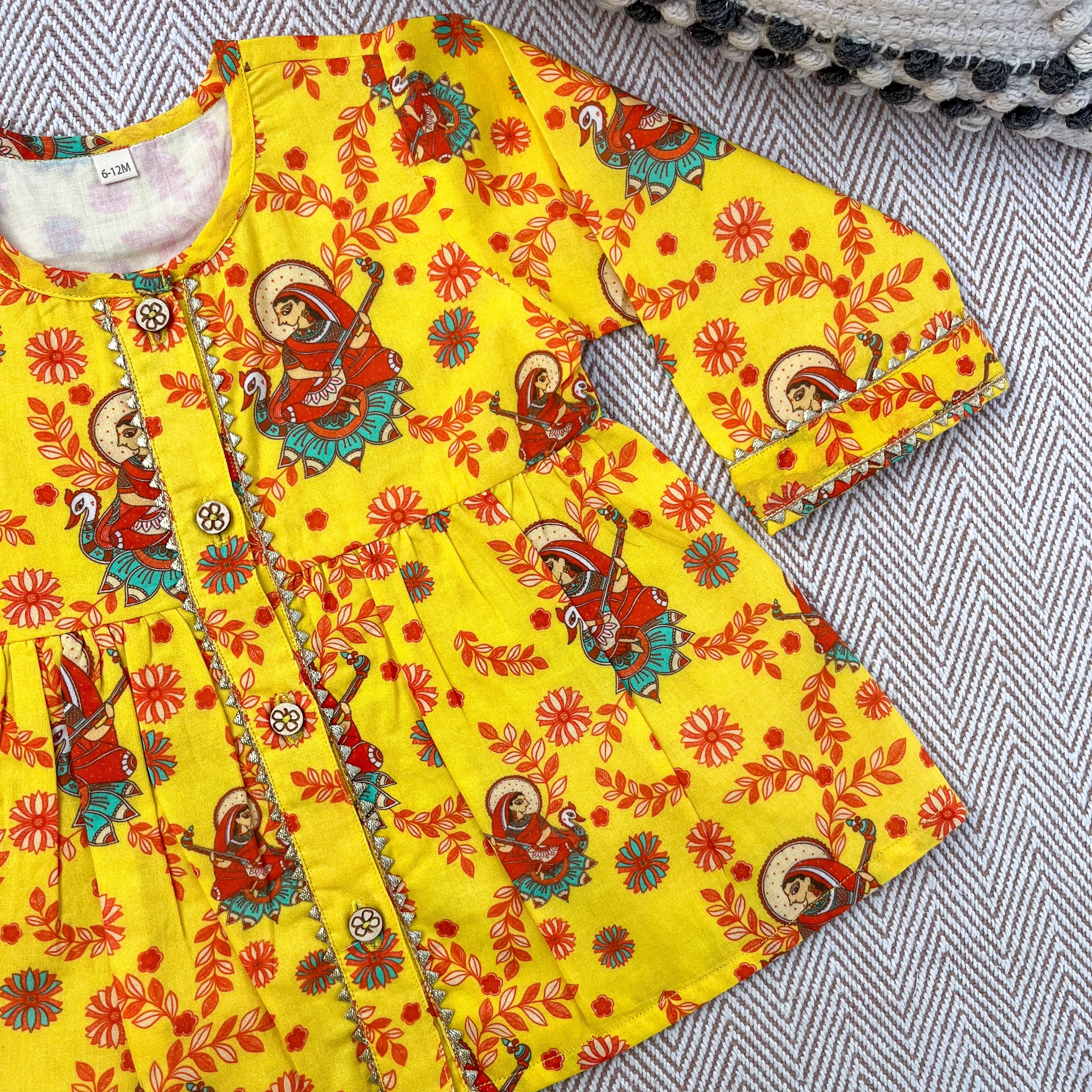 Madhubani print organic cotton 'Vidhya Dehi Saraswati' kurta for infants, toddlers and kids.