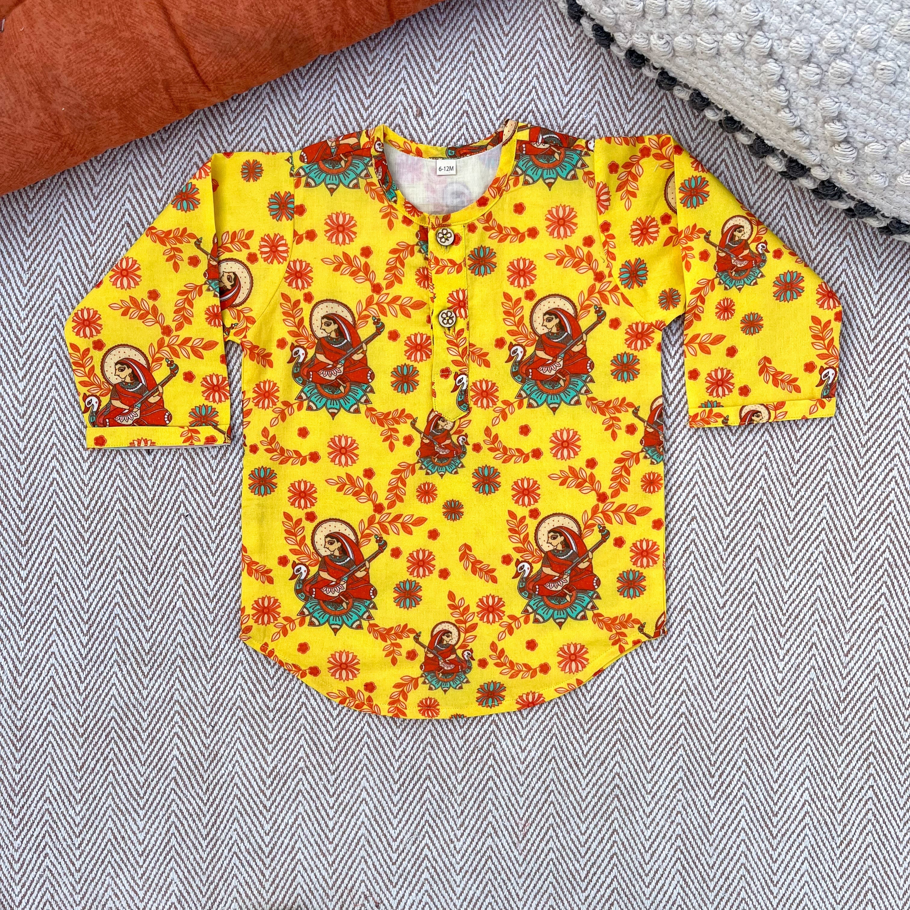 Madhubani print organic cotton 'Vidhya Dehi Saraswati' kurta for infants, toddlers and kids.