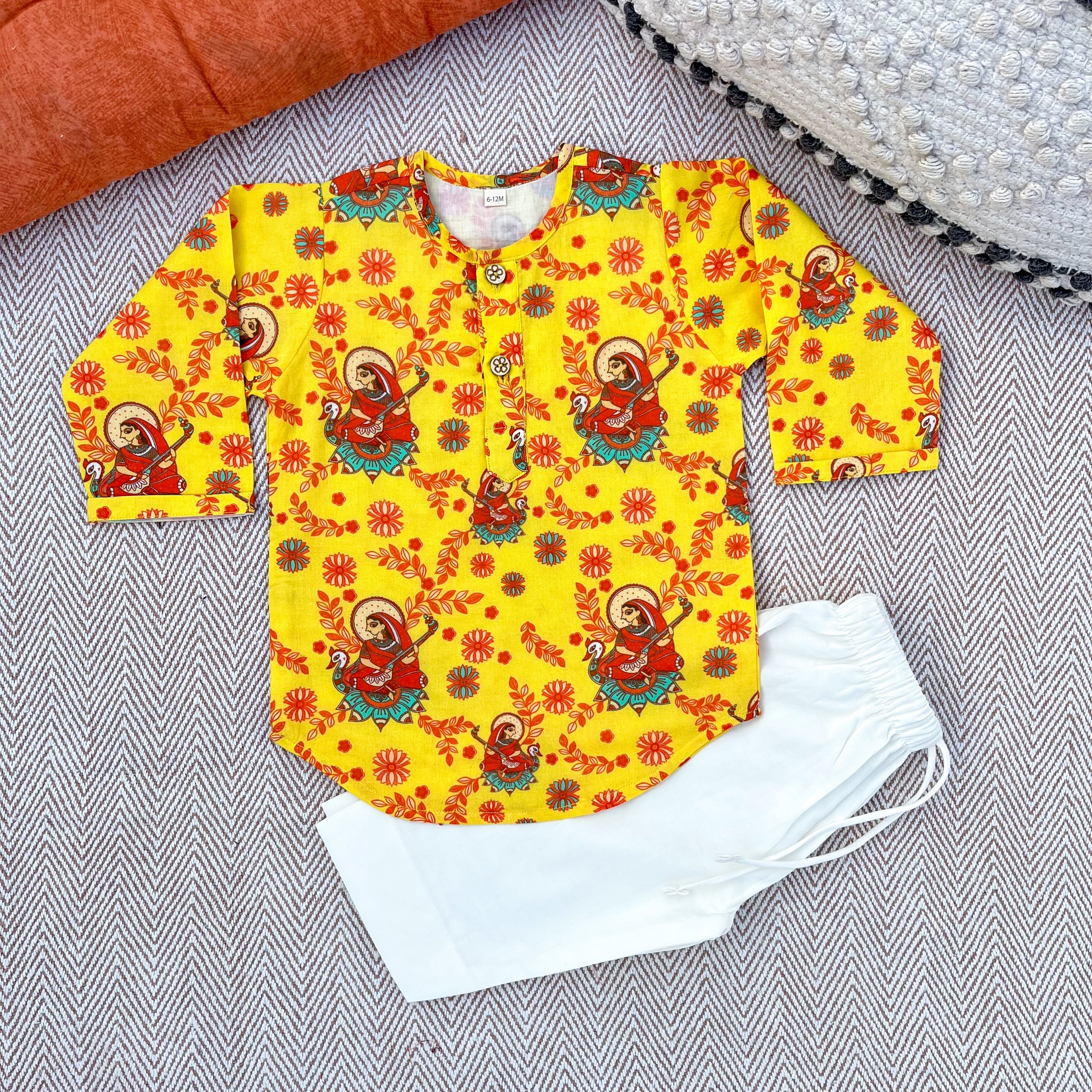 Madhubani print organic cotton 'Vidhya Dehi Saraswati' kurta set for infants, toddlers and kids.
