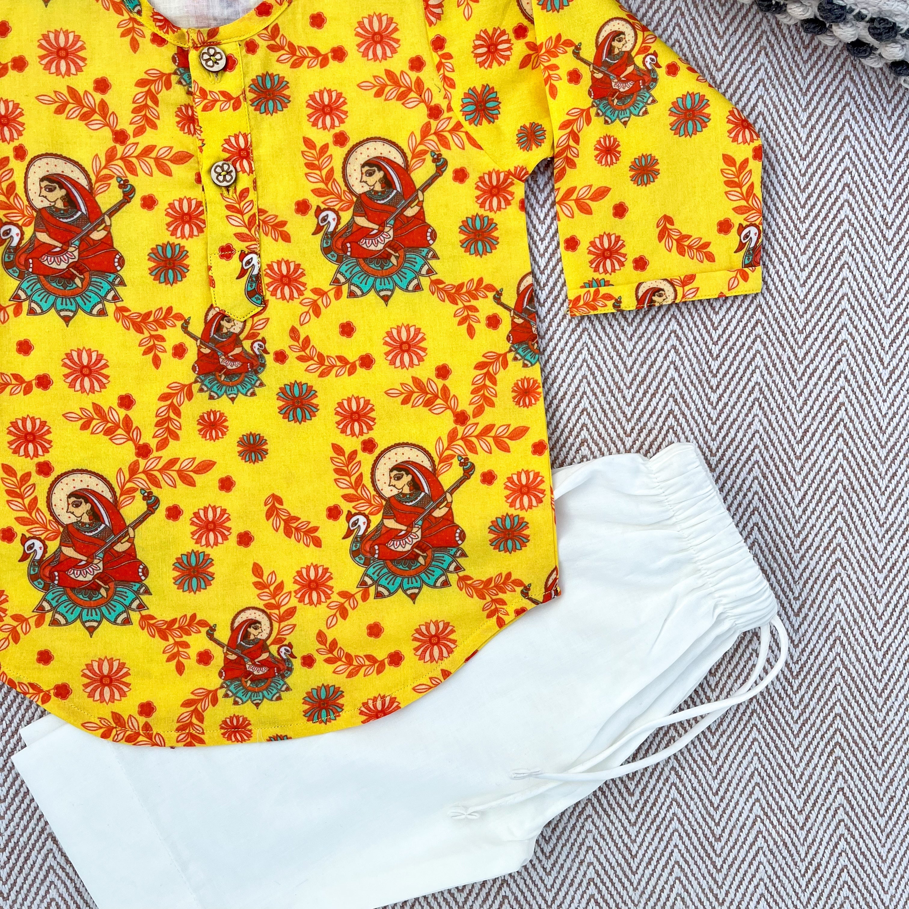 Madhubani print organic cotton 'Vidhya Dehi Saraswati' kurta set for infants, toddlers and kids.