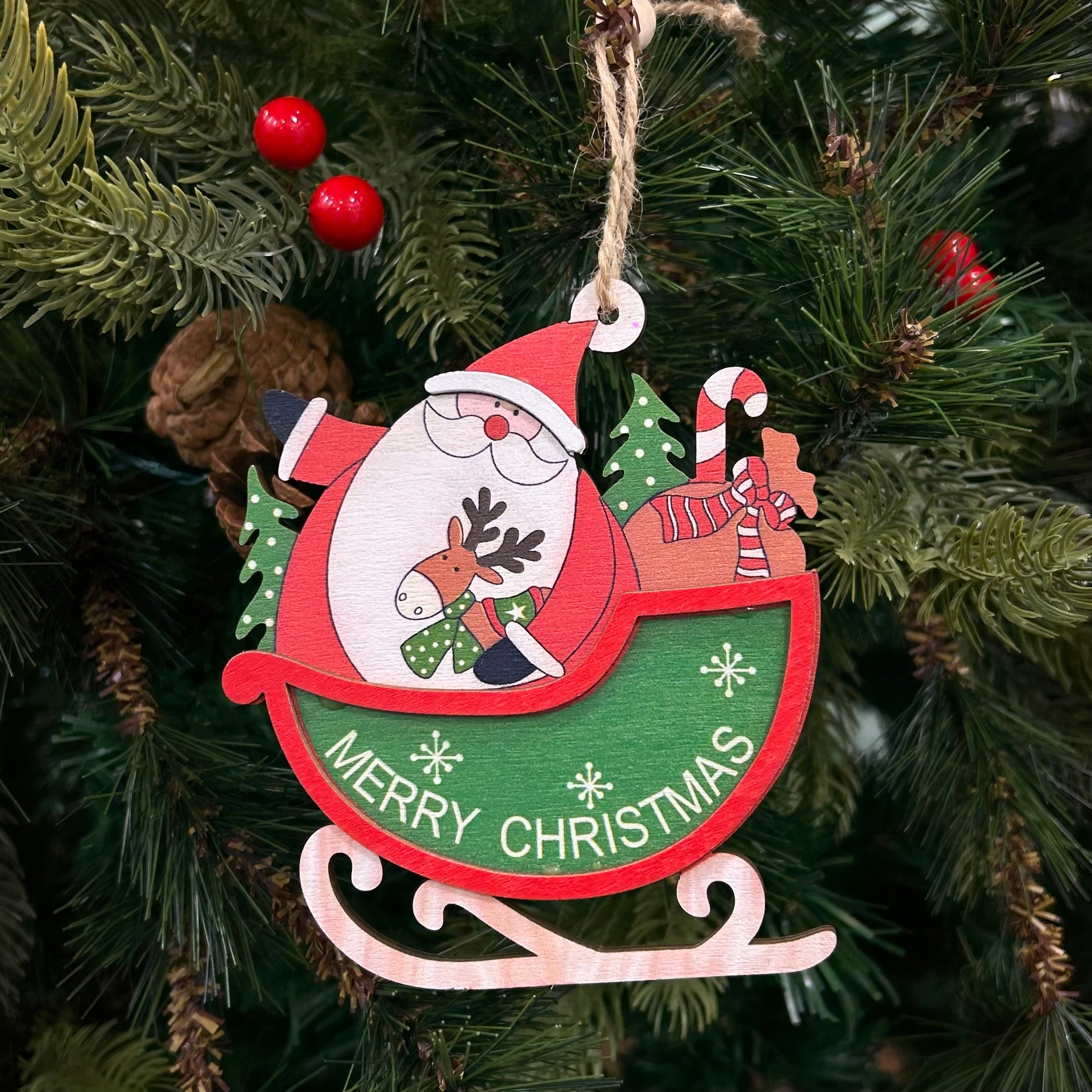 Wooden Sleigh Ornaments - Set of 6