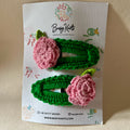 Handmade Crochet Rose Clips Dark Green/Pink