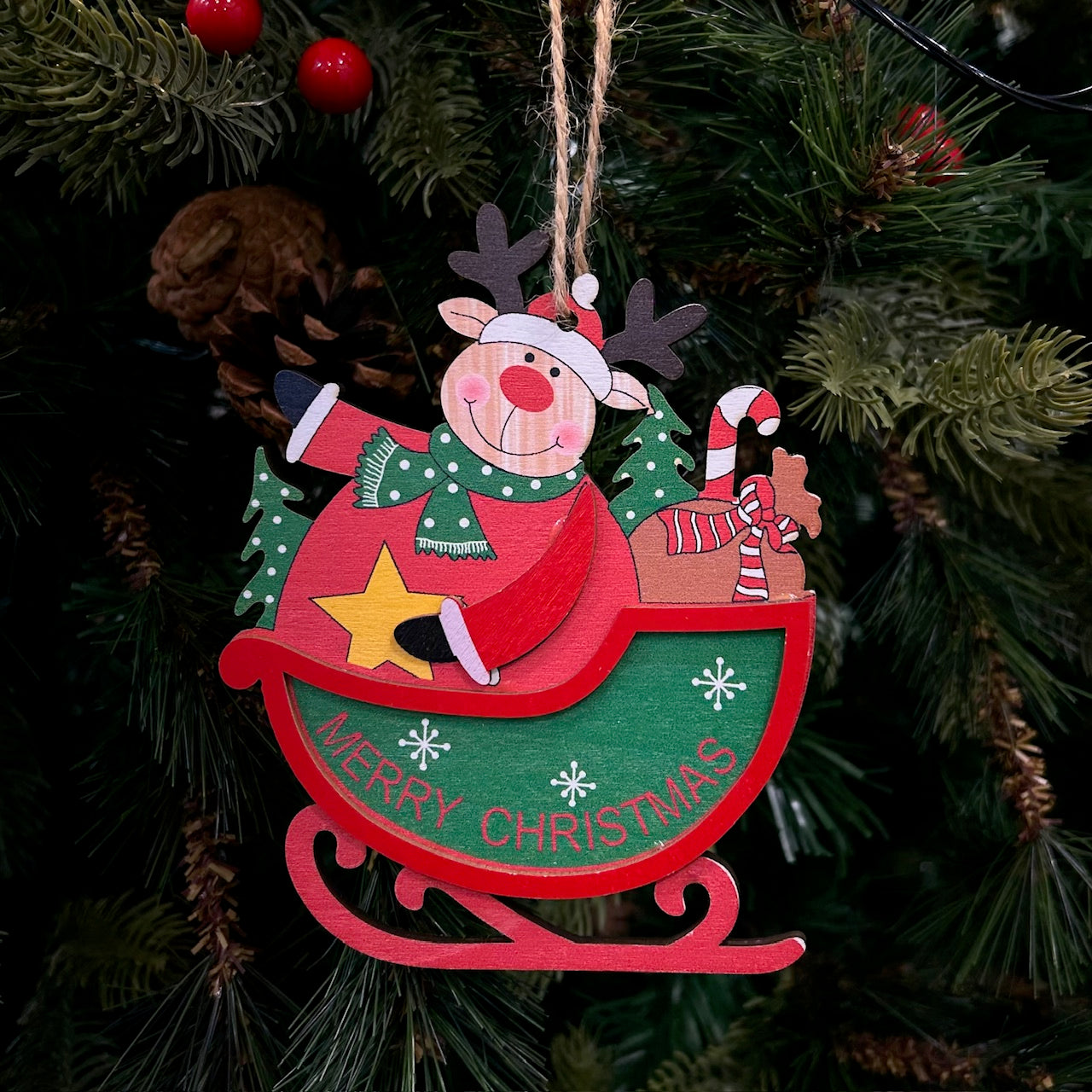 Wooden Sleigh Ornaments - Set of 6