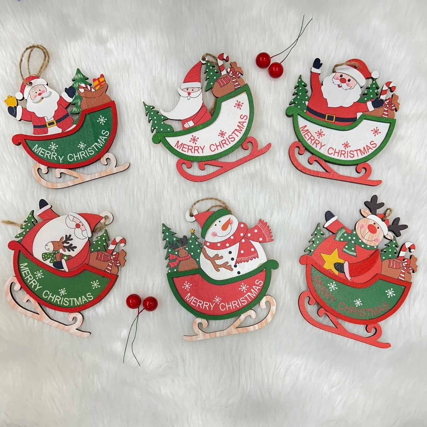 Wooden Sleigh Ornaments - Set of 6