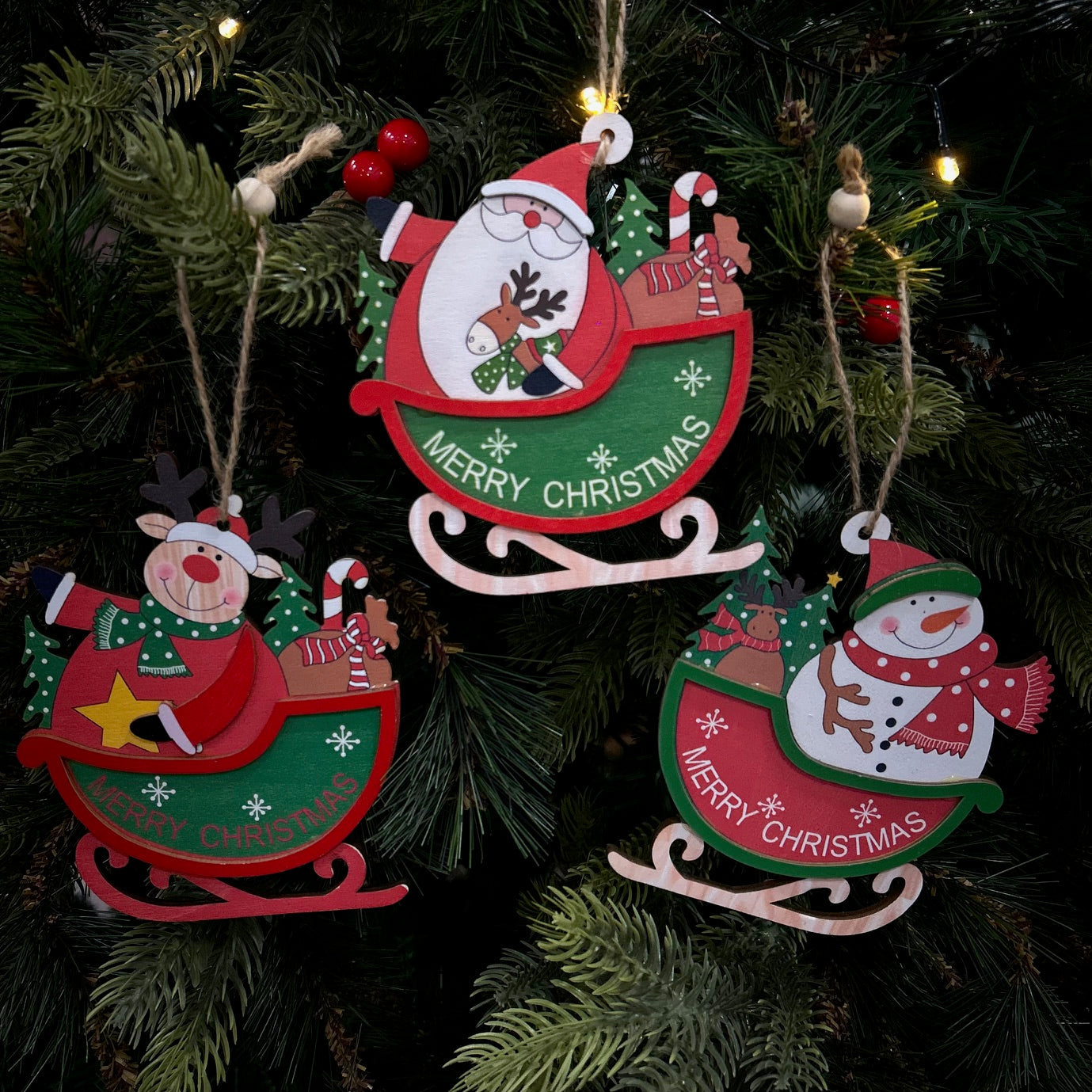 Wooden Sleigh Ornaments - Set of 6