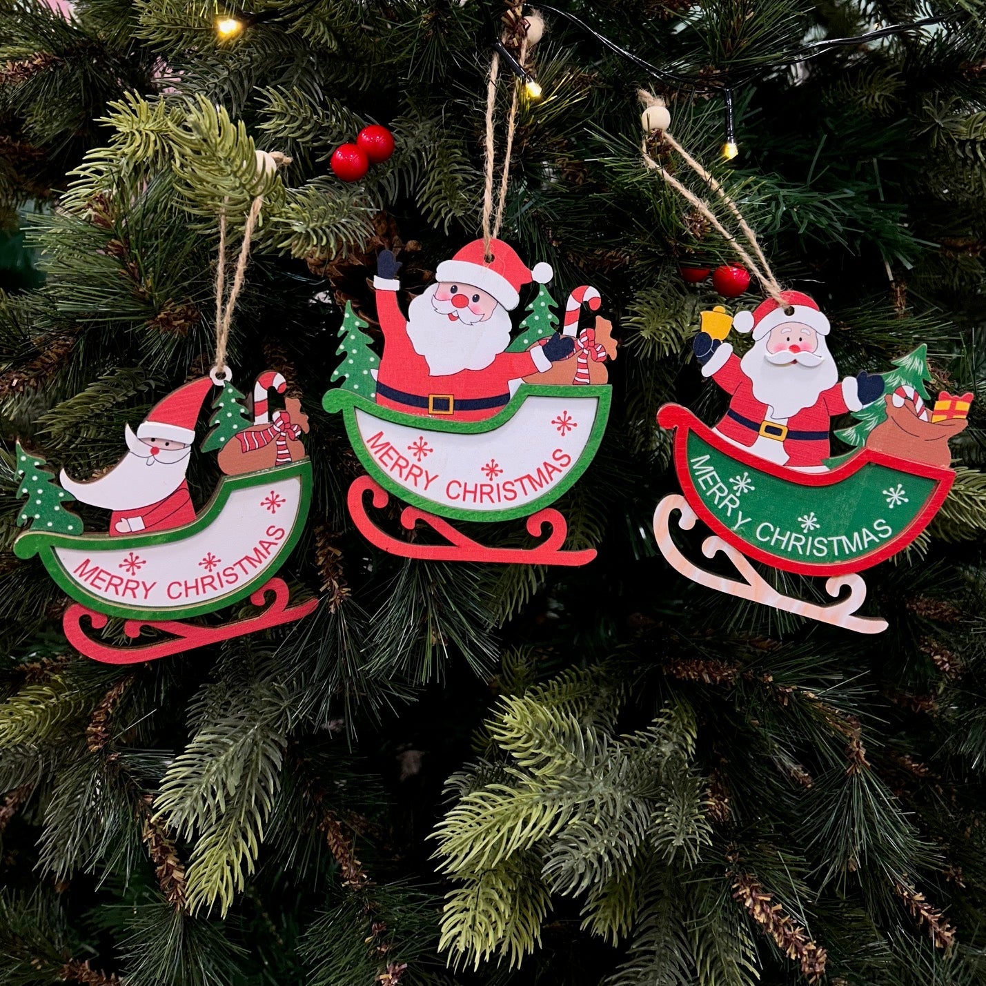 Wooden Sleigh Ornaments - Set of 6