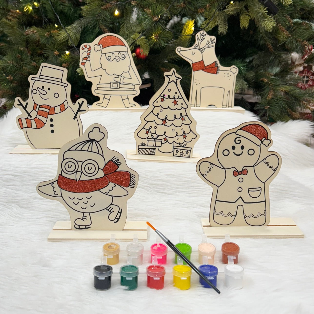 Wooden DIY Xmas Paintkit With Stands - Set of 6