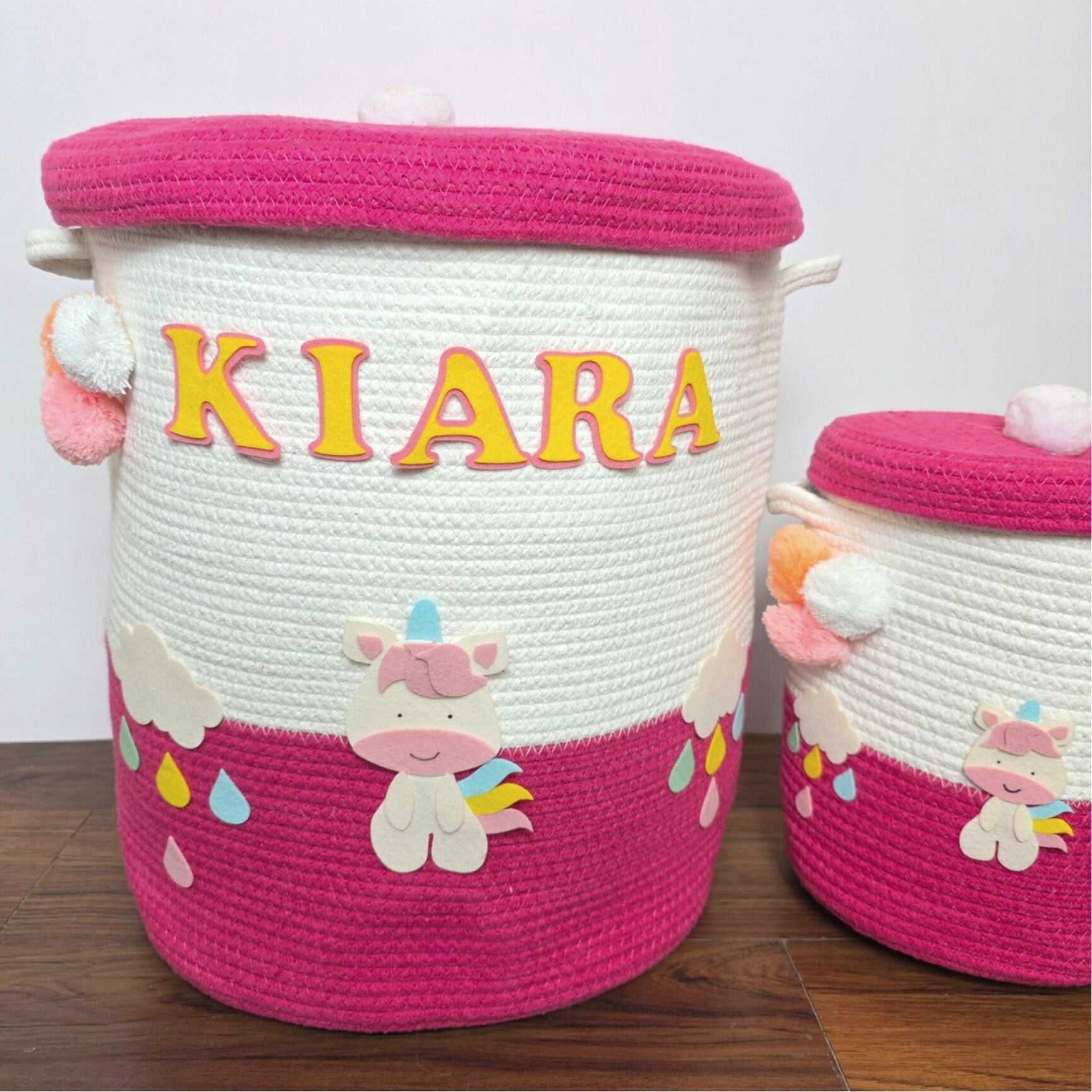 Jute Cotton Storage Basket with Lid - Rainbow Unicorn Delight