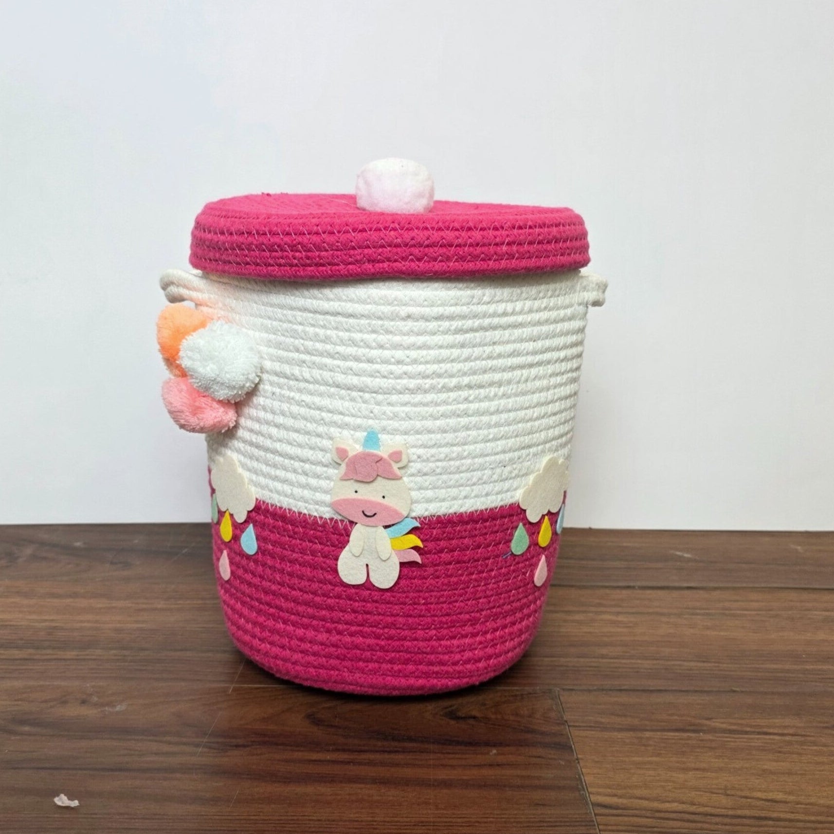 Jute Cotton Storage Basket with Lid - Rainbow Unicorn Delight