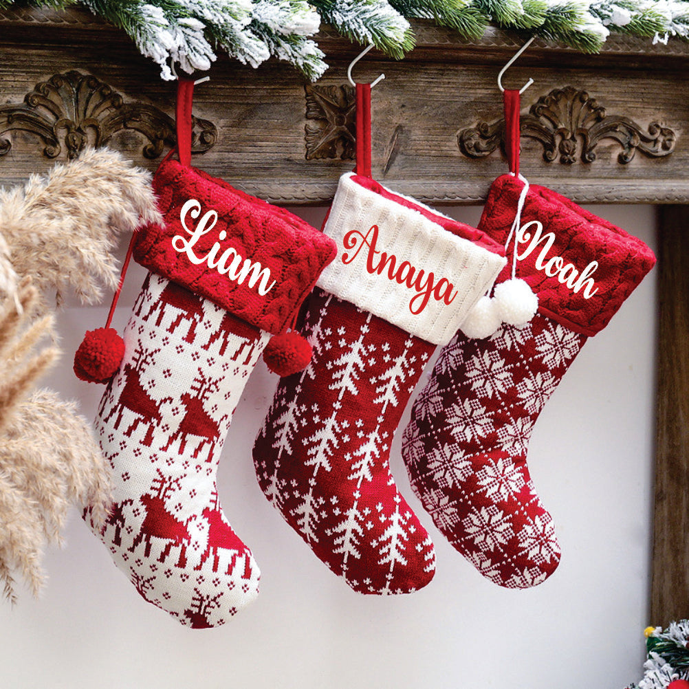 Holiday Chevron Cheer Stockings - Red & White Snowflakes