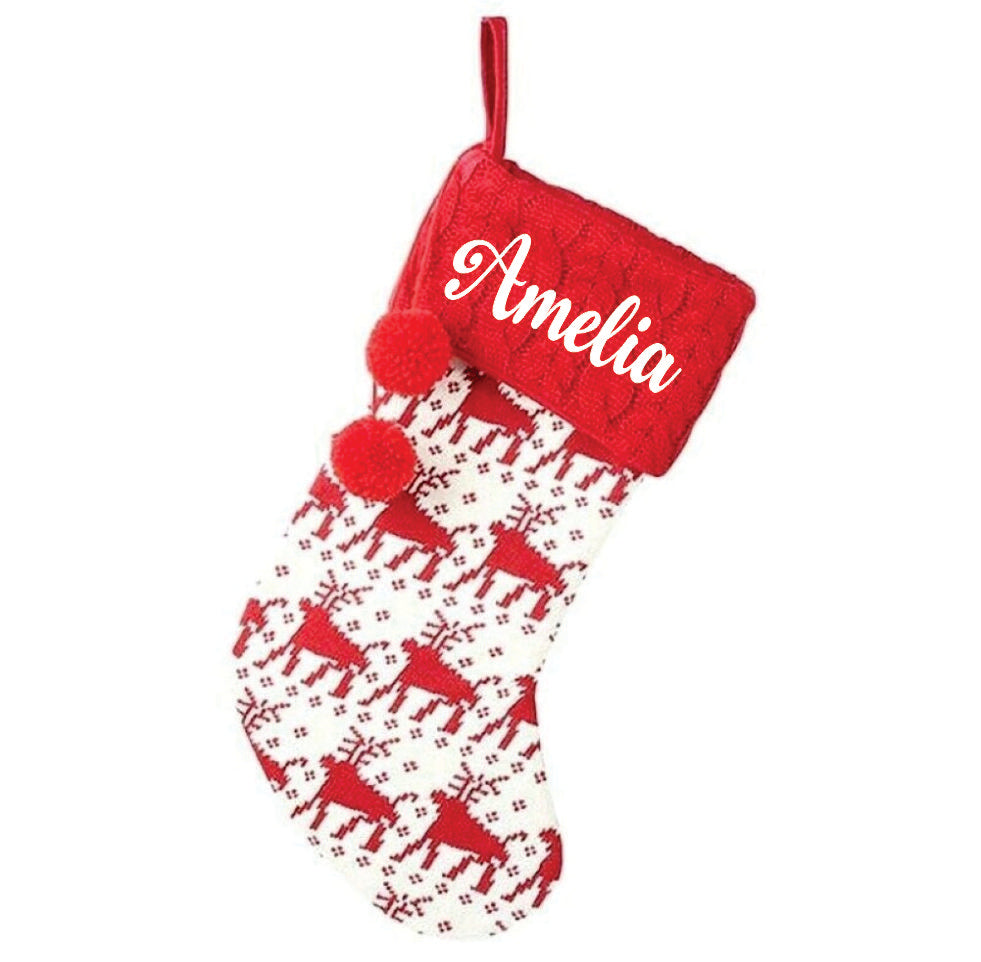 Holiday Chevron Cheer Stockings - Red & White Reindeer