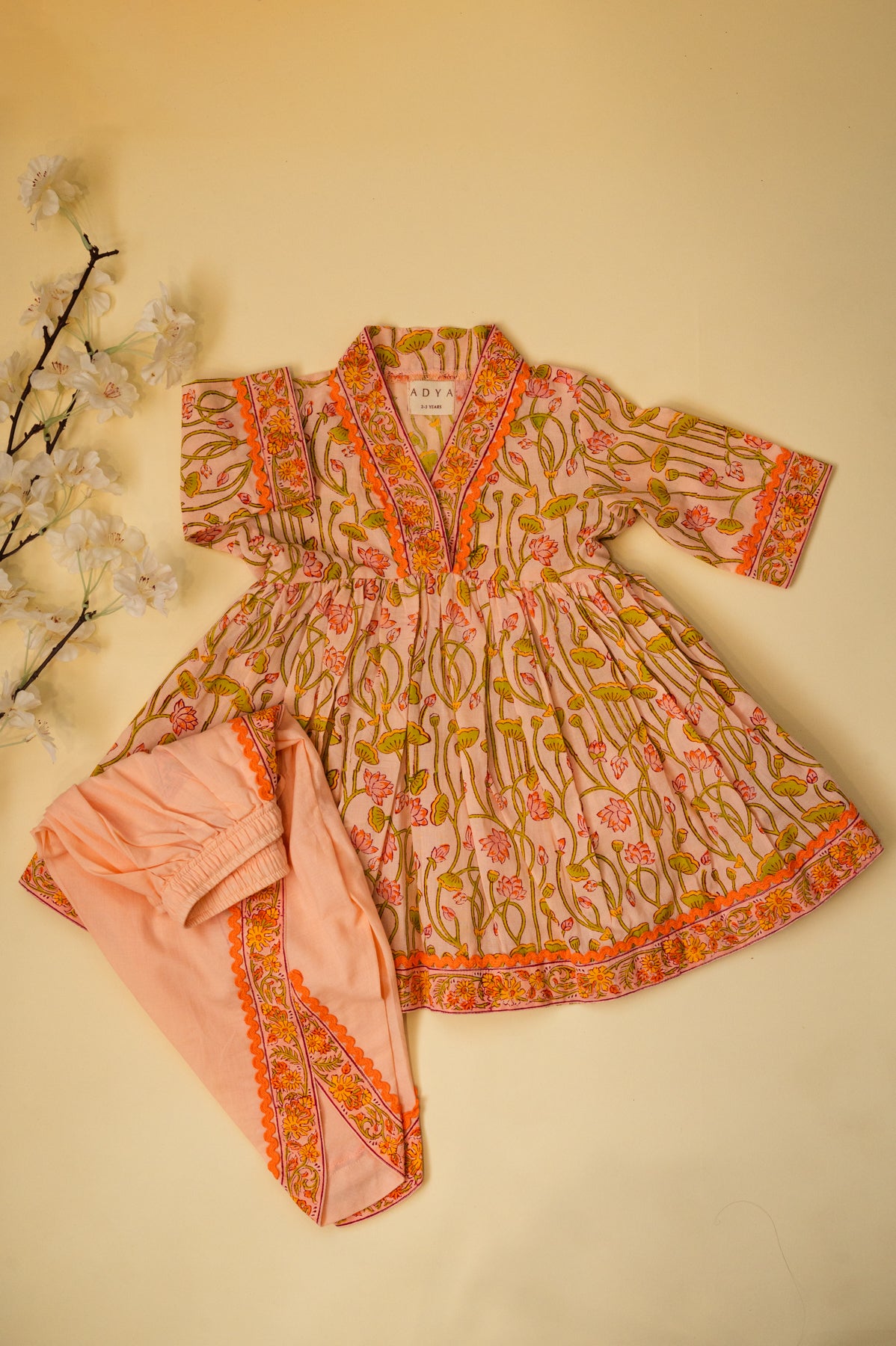 Lotus Floral Co-Ord Set With Tulip Pants - Peach