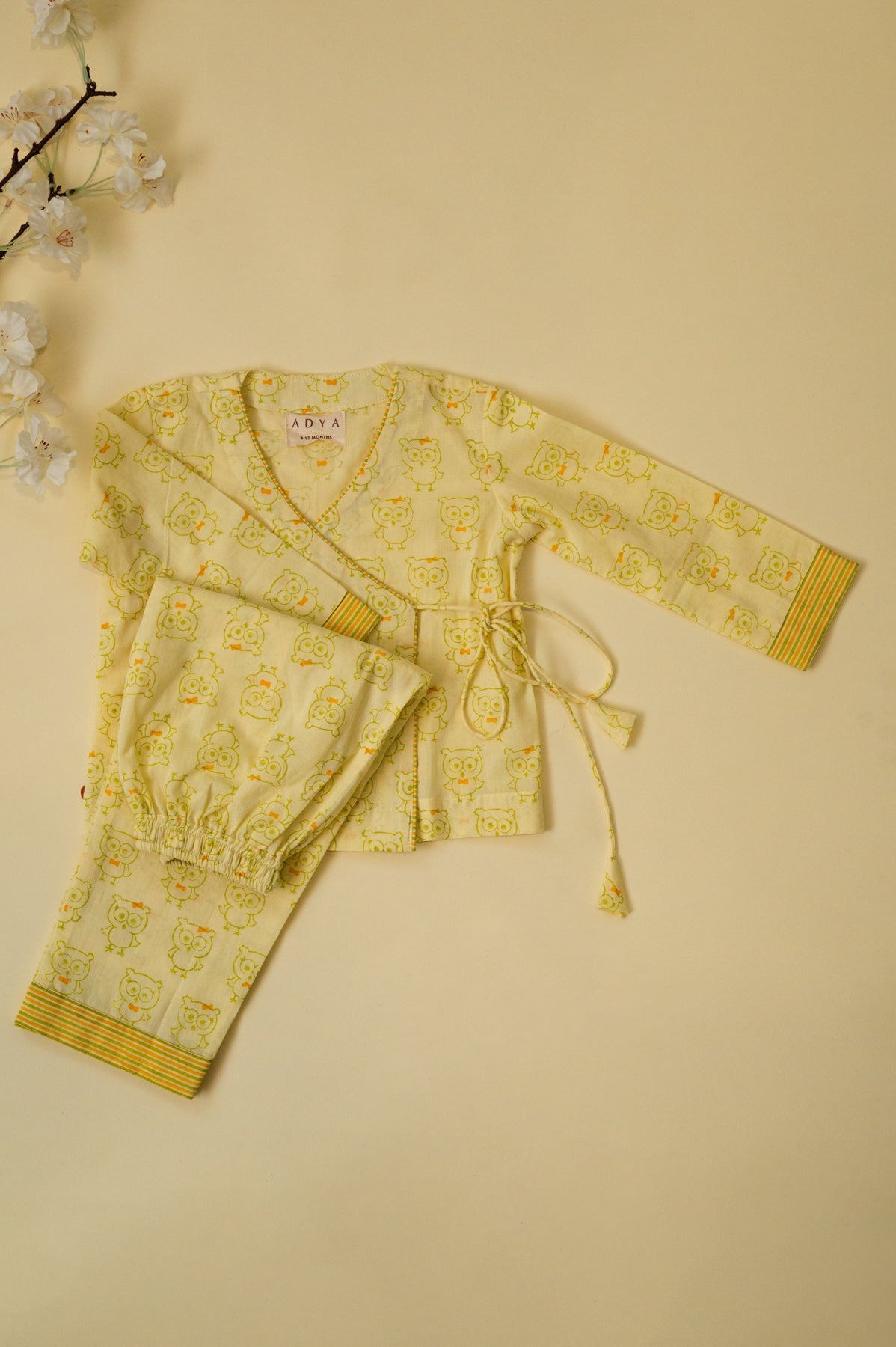 Light Yellow Owl Angrakha Kids Night Suit