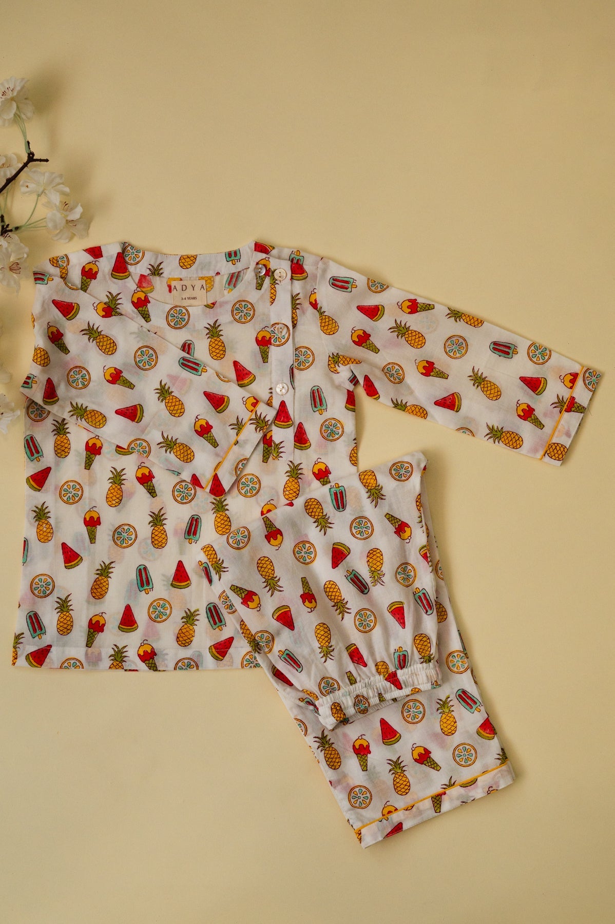 White Candy Pineapple Kids Night Suits