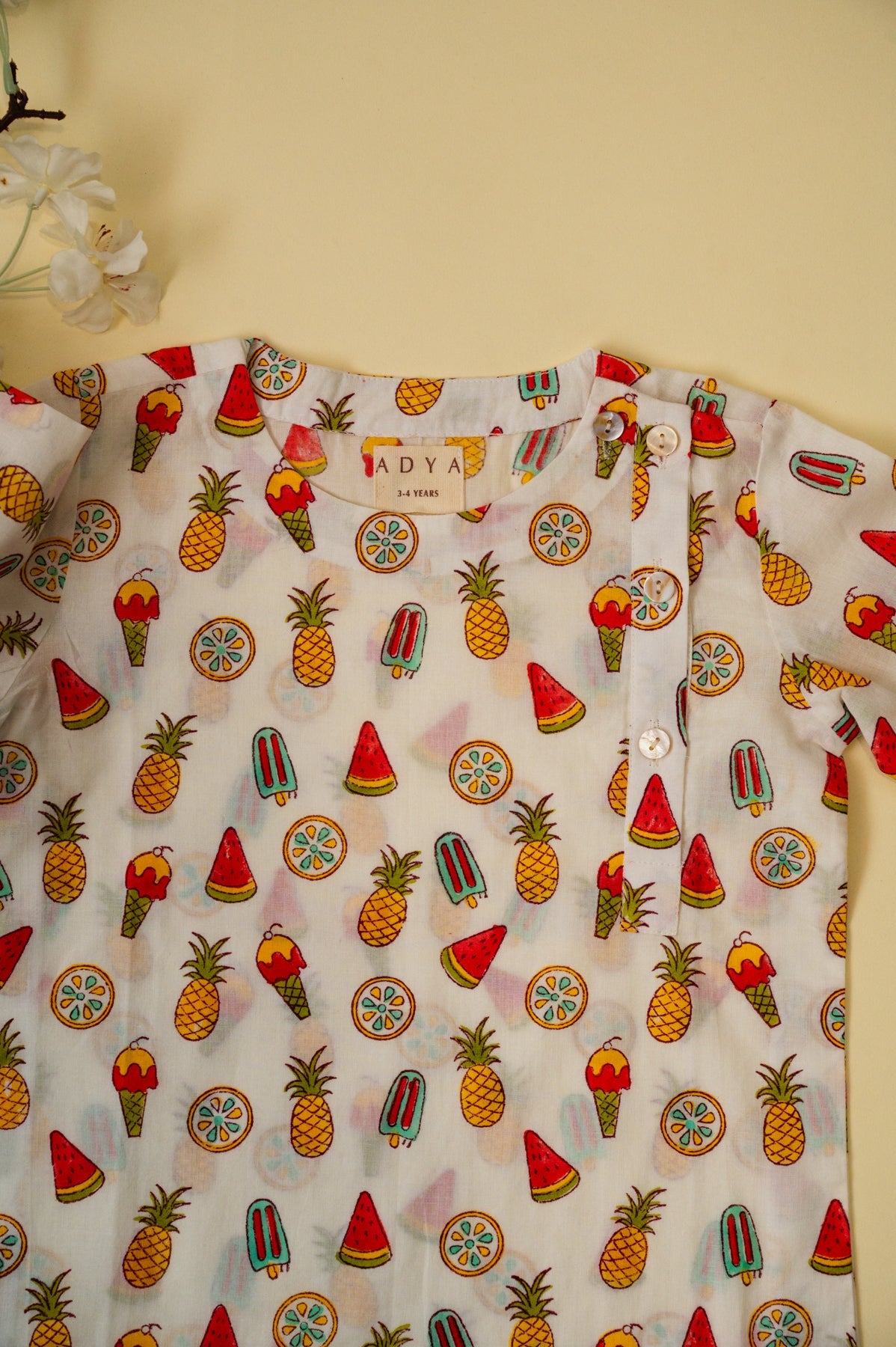 White Candy Pineapple Kids Night Suits