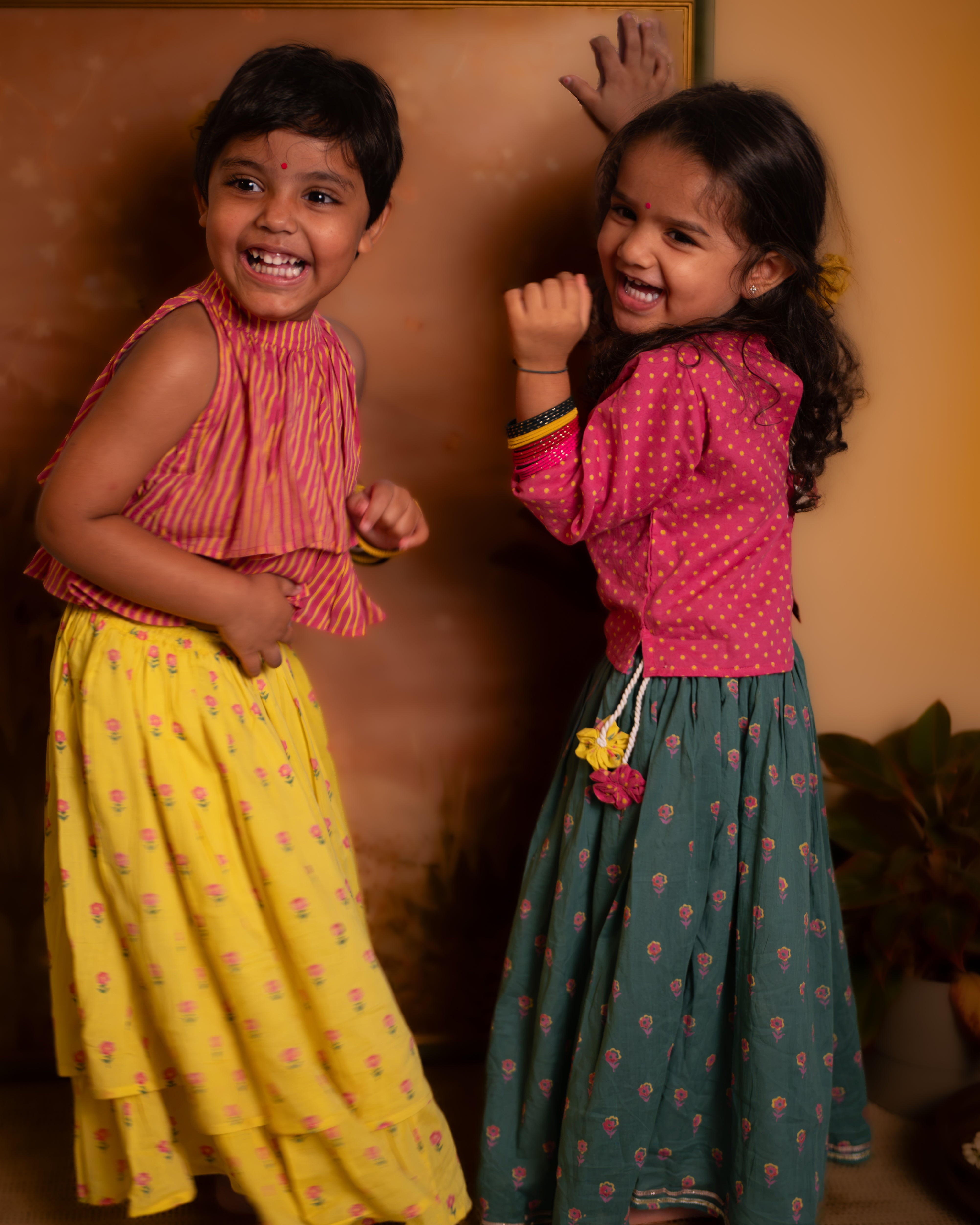 Meera Pink Striped Halter Choli & Yellow Booti Lehenga Set
