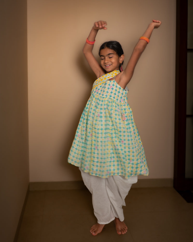 Rasa Green Monstera Kurta, Cowl Dhoti Pants & Dupatta Set