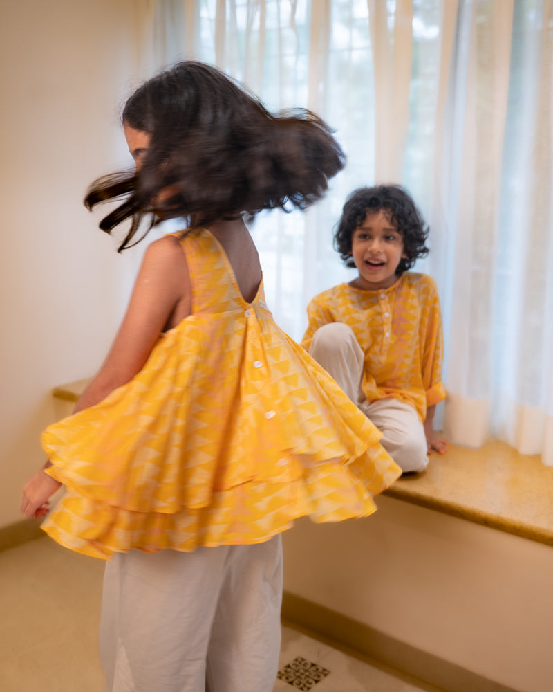 Chandan Mustard Ruffle Top & Off-White Palazzo Set