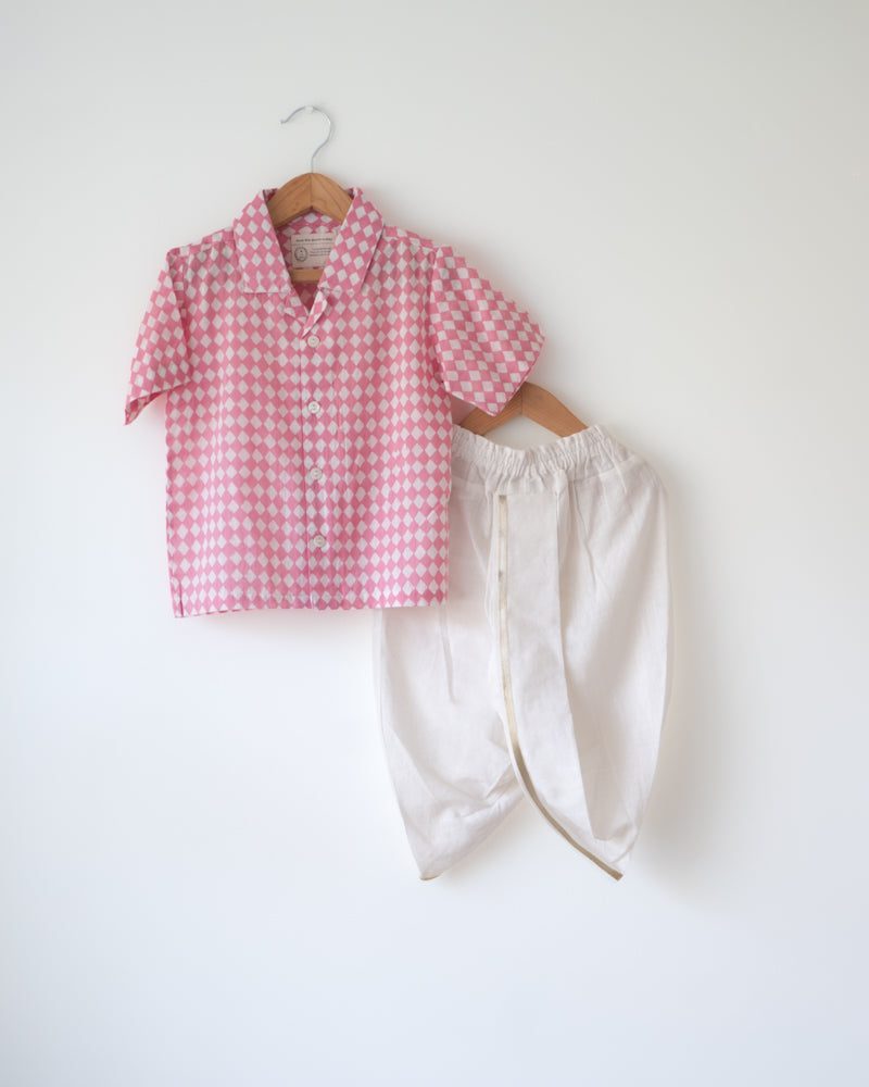 Boogie Pink Rhombus Short Sleeve Cuban Collar Shirt